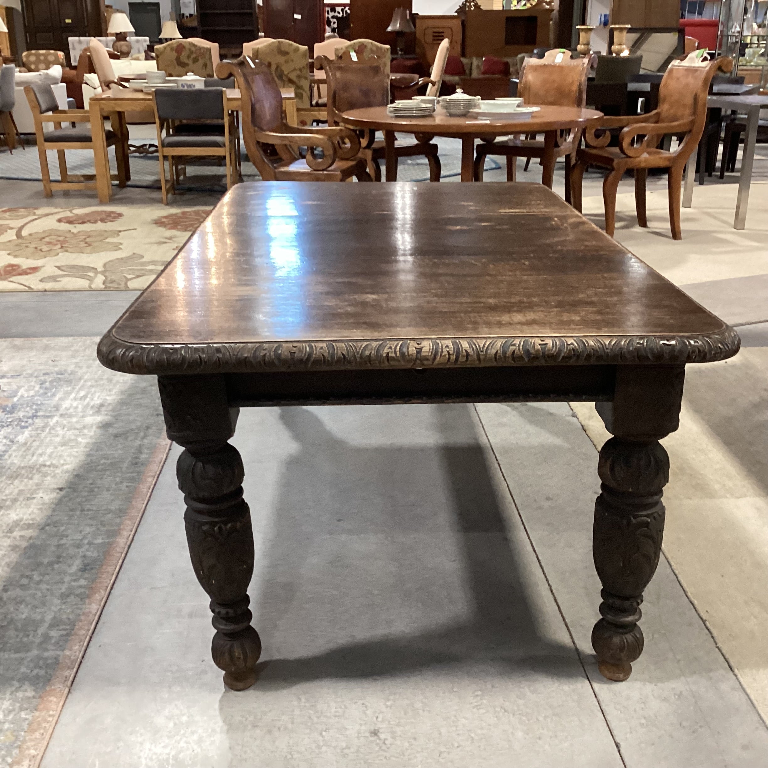 Antique Dark Finish Carved Oak with 1 Leaf Dining Table 70"x 42"x 28"