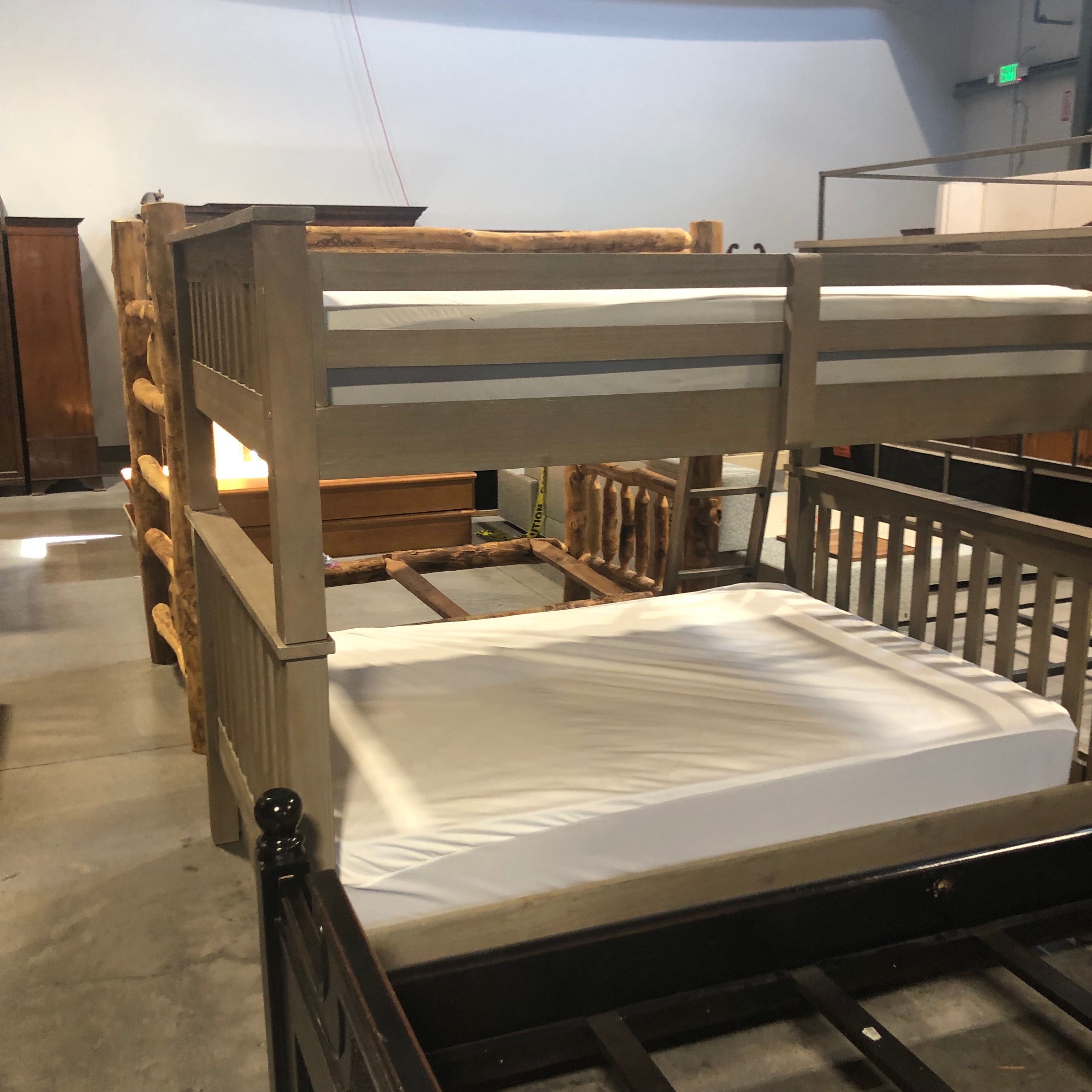 Full Over Full Solid Wood Grey Bunk Bed With Mattresses 83"x 52"x 73.5"