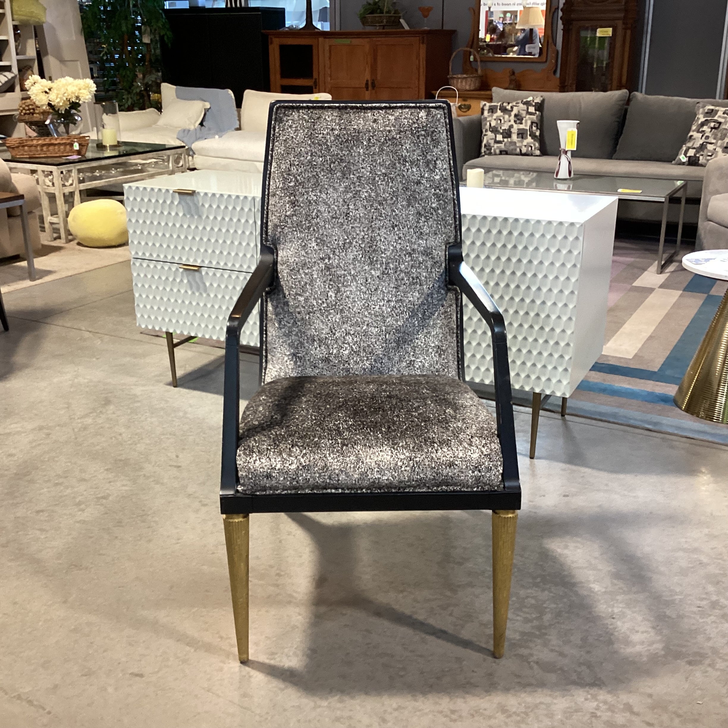 Jean Louis Denoit for Baker Jasper Black Lacquer & Gold Wood with Black & White Raised Chenille Accent Chair 23"x 28"x 42"