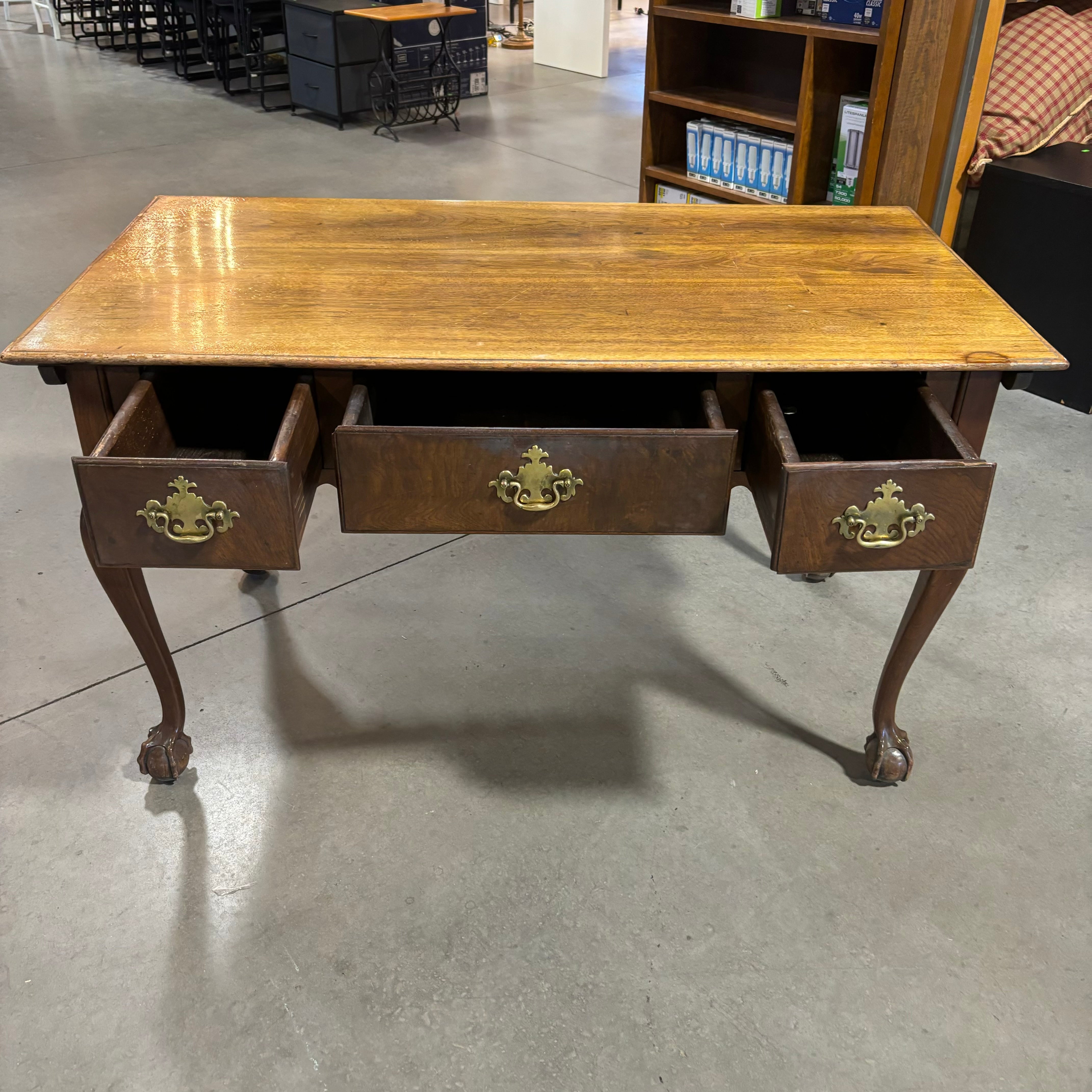 Antique Walnut with Claw and Ball Feet & Brass Accents 3 Drawer Desk 52"x 27"x 29"