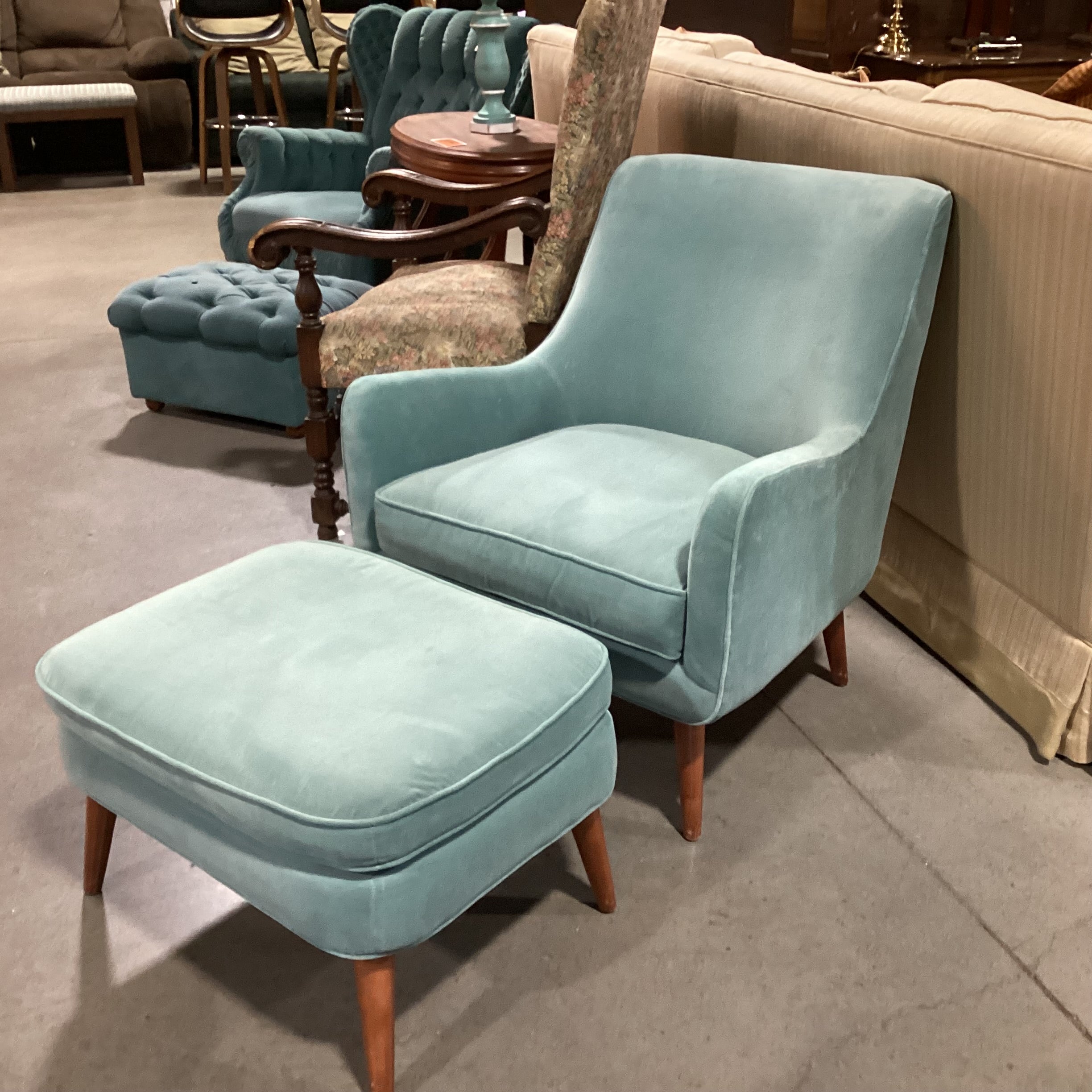 Room & Board Quinn Mid Century Style Seafoam Velvet with Ottoman Chair 30"x 34"x 34'