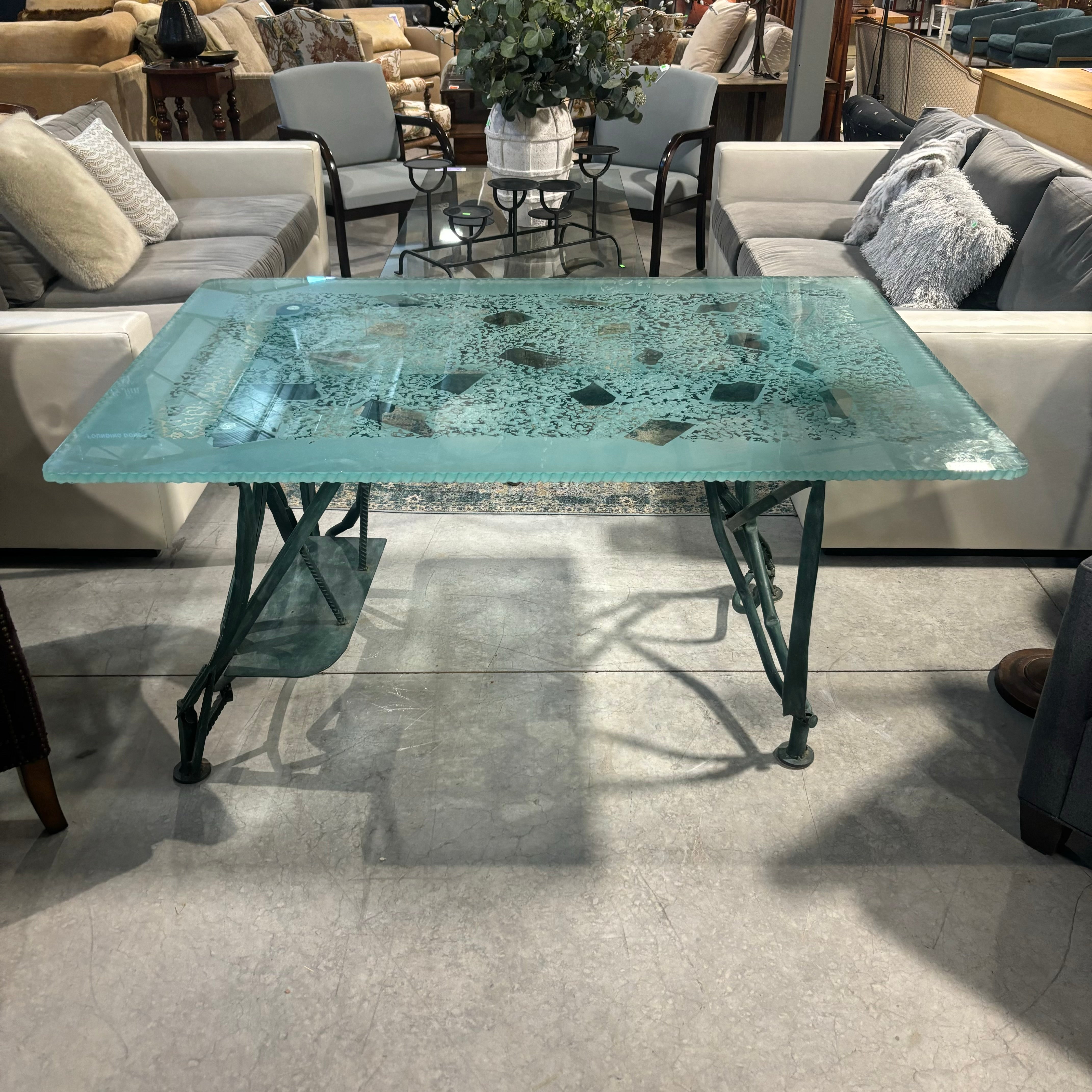 Marco De Gueltzl Patina Ornate Steel Base with Frosted Engraved Top Desk  60"x 40"x  30.5"
