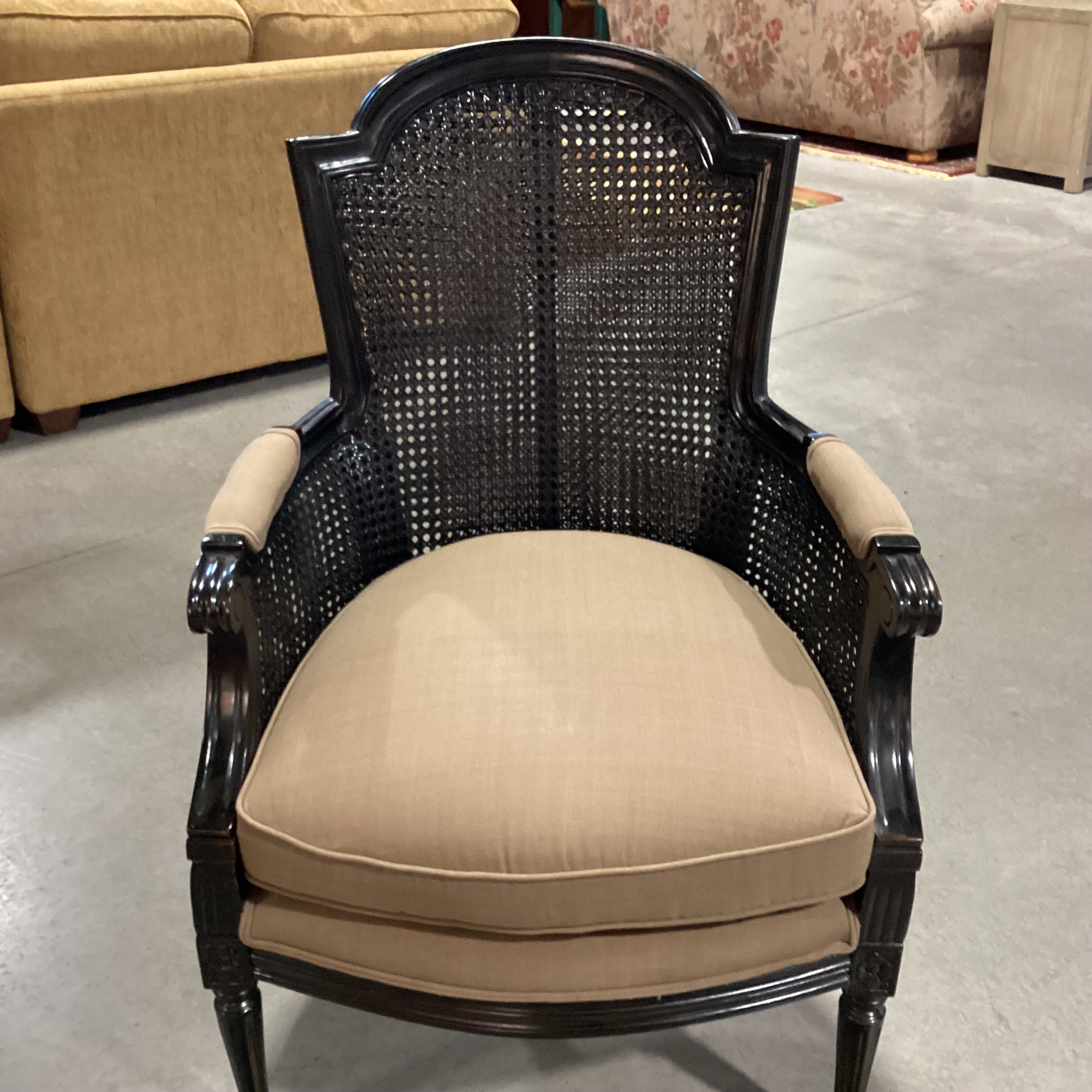 Black French Caning & Carved Wood with Taupe Brown Down Mix Upholstered Chair 26"x 24"x 40"