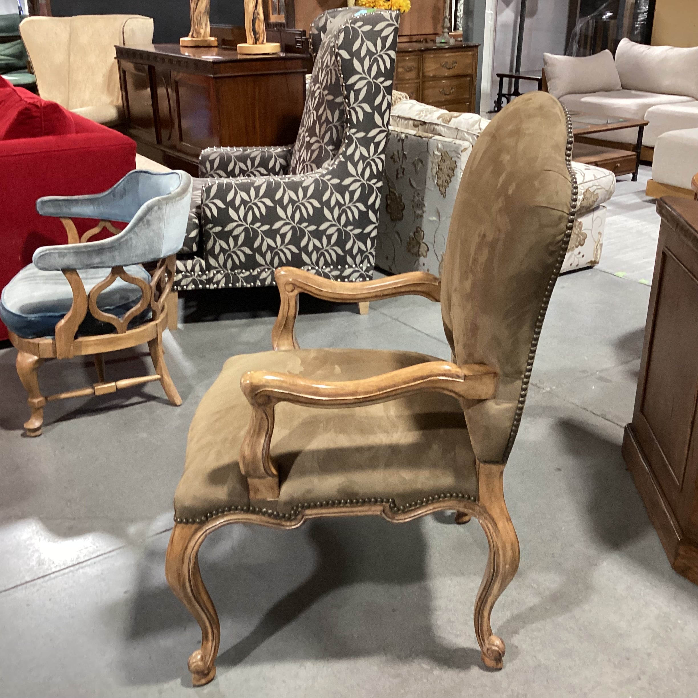 Kreiss Tan Ultra Suede Nailhead & Carved Wood Chair 27"x 27"x 44"