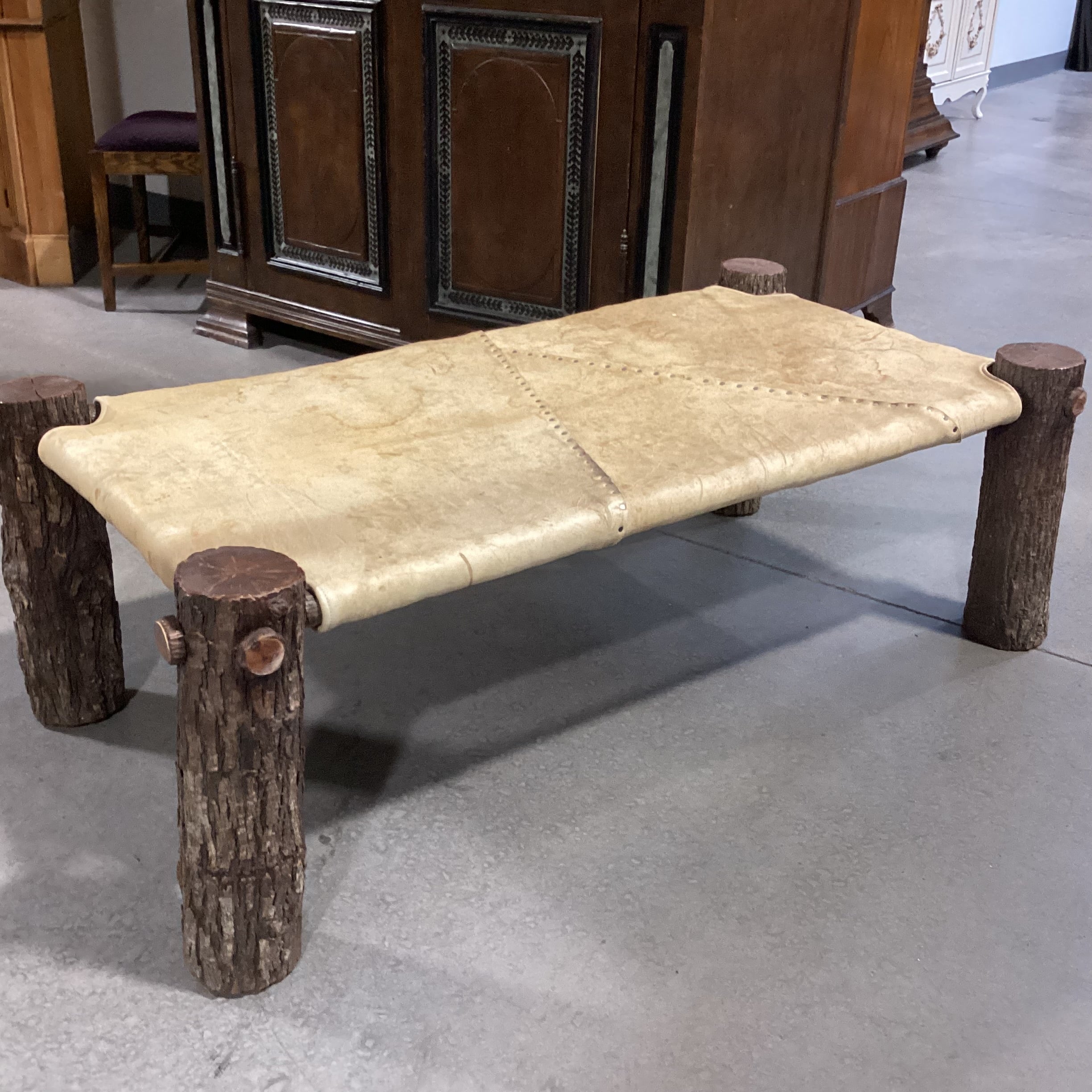 Rustic Log & Leather Nailhead Bench Ottoman 60"x 32"x 20"