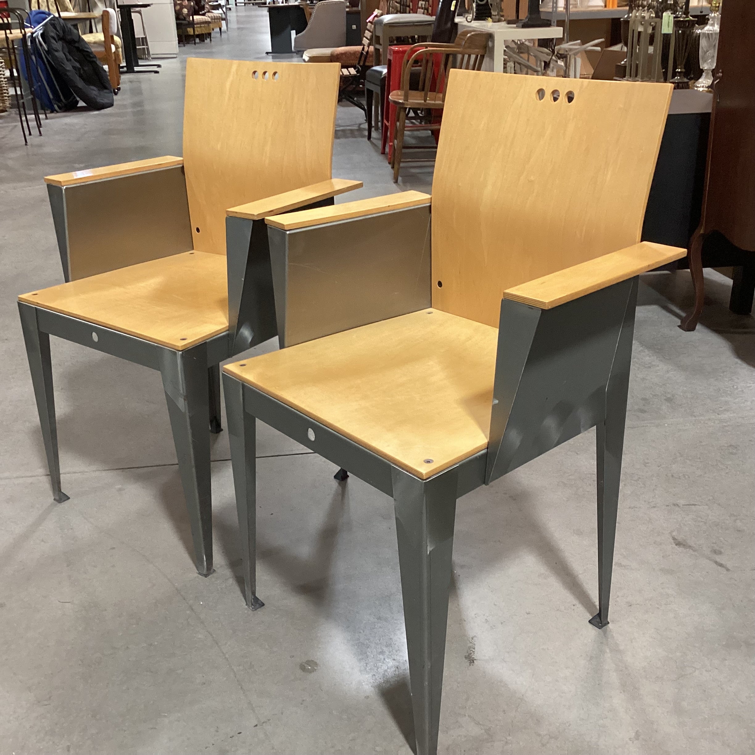 SET of 2 Bruce Sienkowski Maple & Stainless Eli Arm Chairs 24"x 19"x 34"