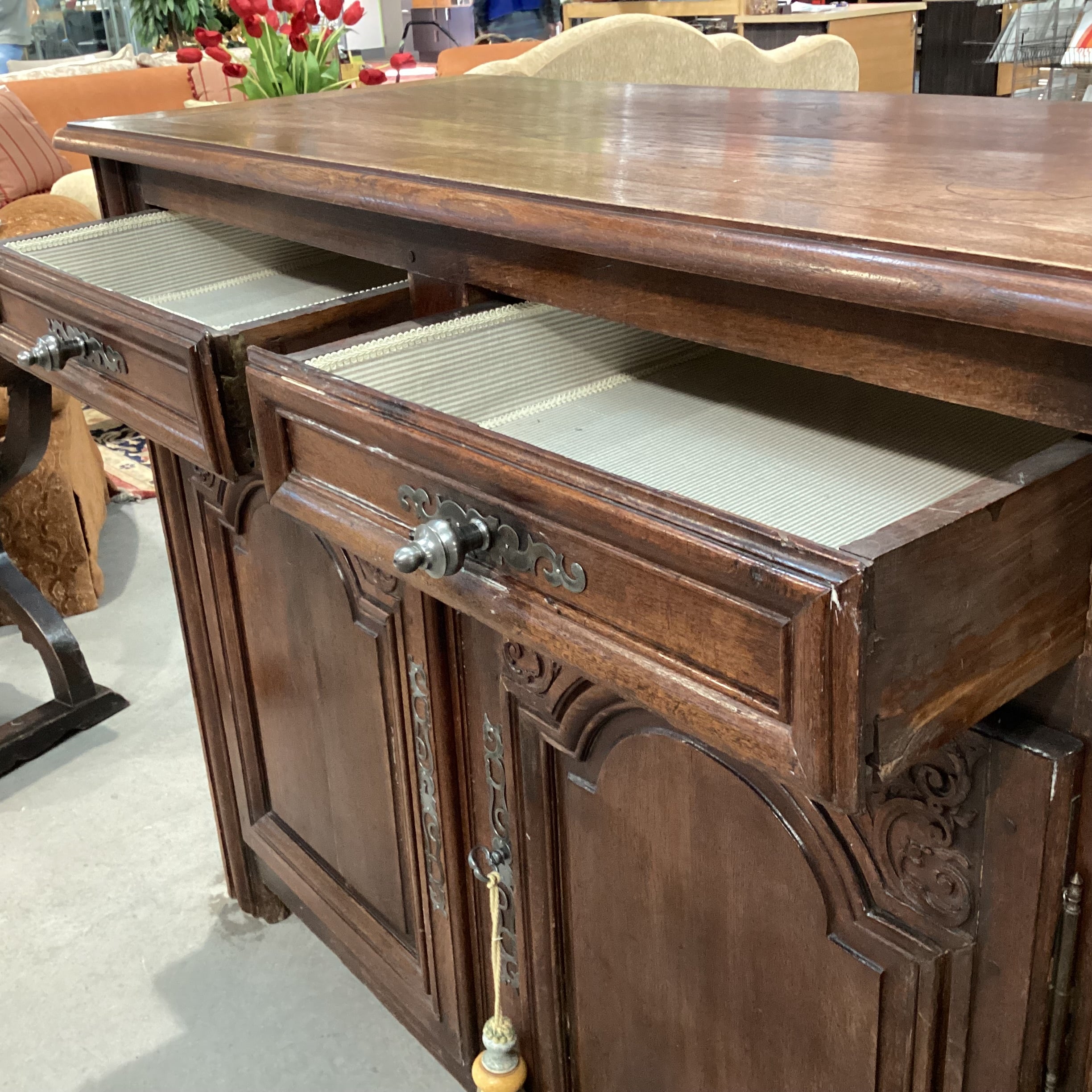 Antique Carved Wood 2 Drawer 2 Door with Shelves Sideboard 58.5"x 24"x 45"