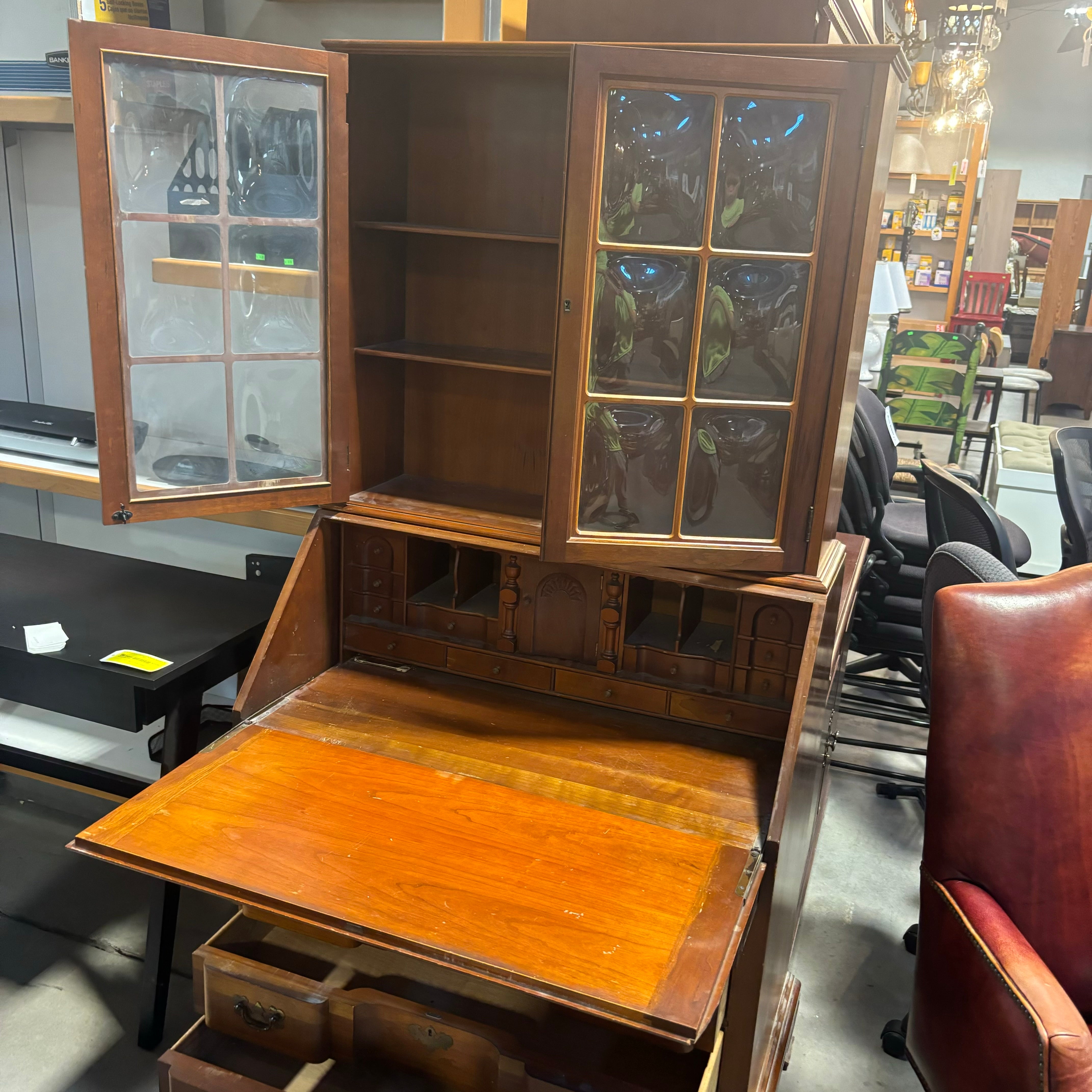 Solid Carved Wood 4 Drawer with 2 Bubble Glass Doors Secretary Desk 36"x 22"x 71"