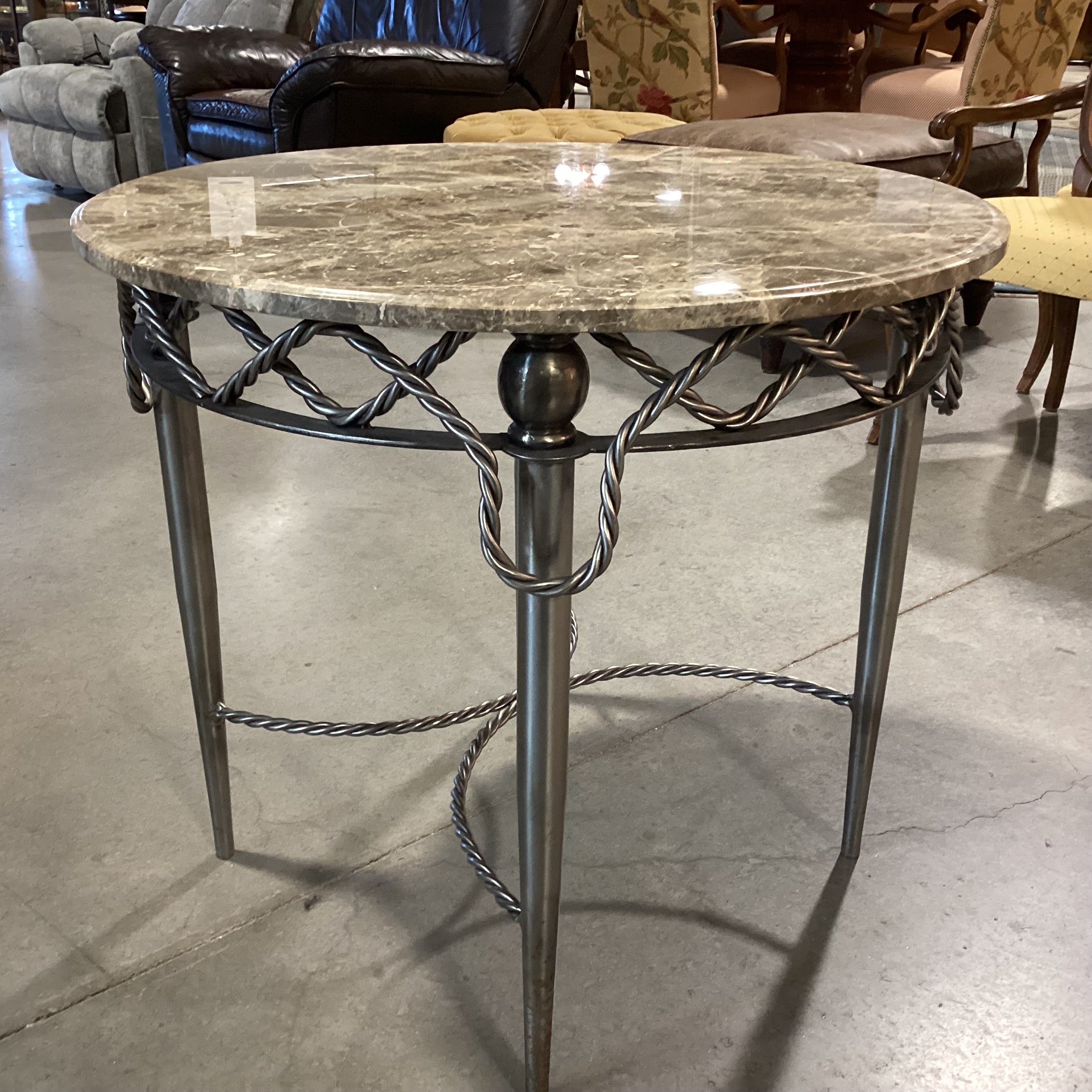Yale R Burge Antiques Vintage Reproduction Steel Rope Design & Round Marble Top Accent Table 30" Diameter x 27"