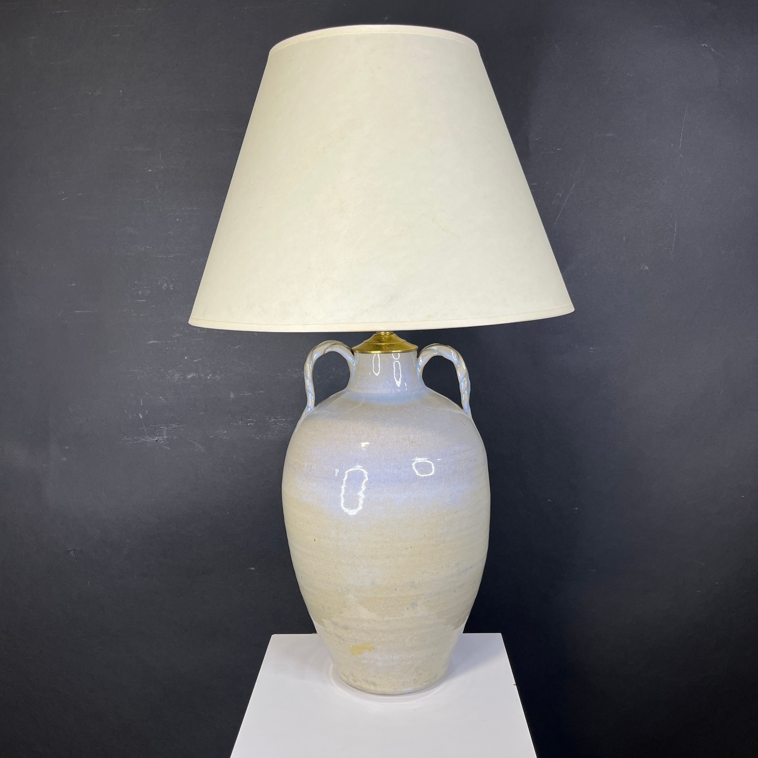 Cream iridescent Braided Handle Pottery with Shade Table Lamp 17” Diameter @ Shade x 28”