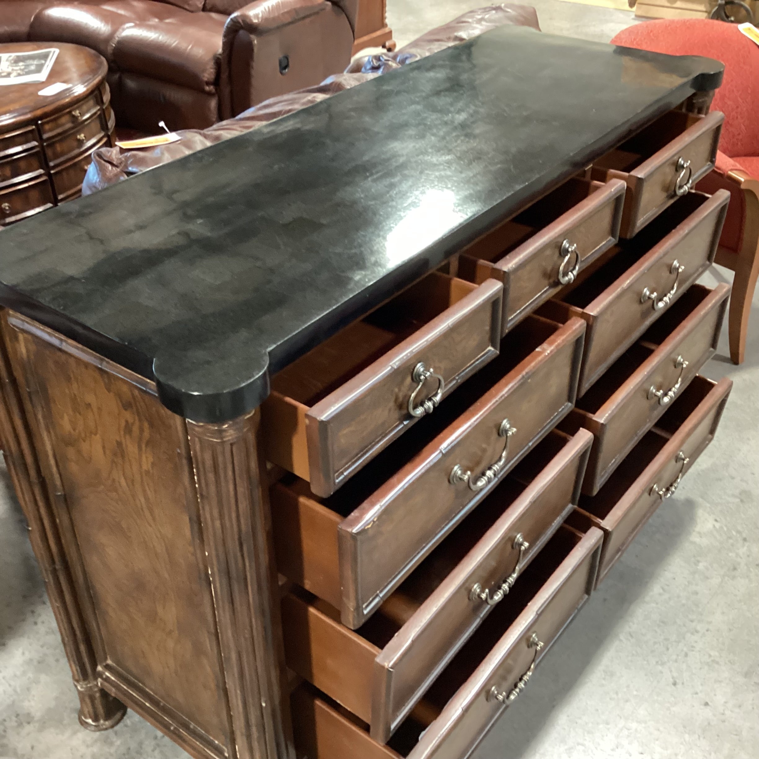 Thomasville Ernest Hemingway Collection Dark Finished Wood Black Faux Stone & Clawfoot Feet 9 Drawer Dresser 60"x 22"x 40"