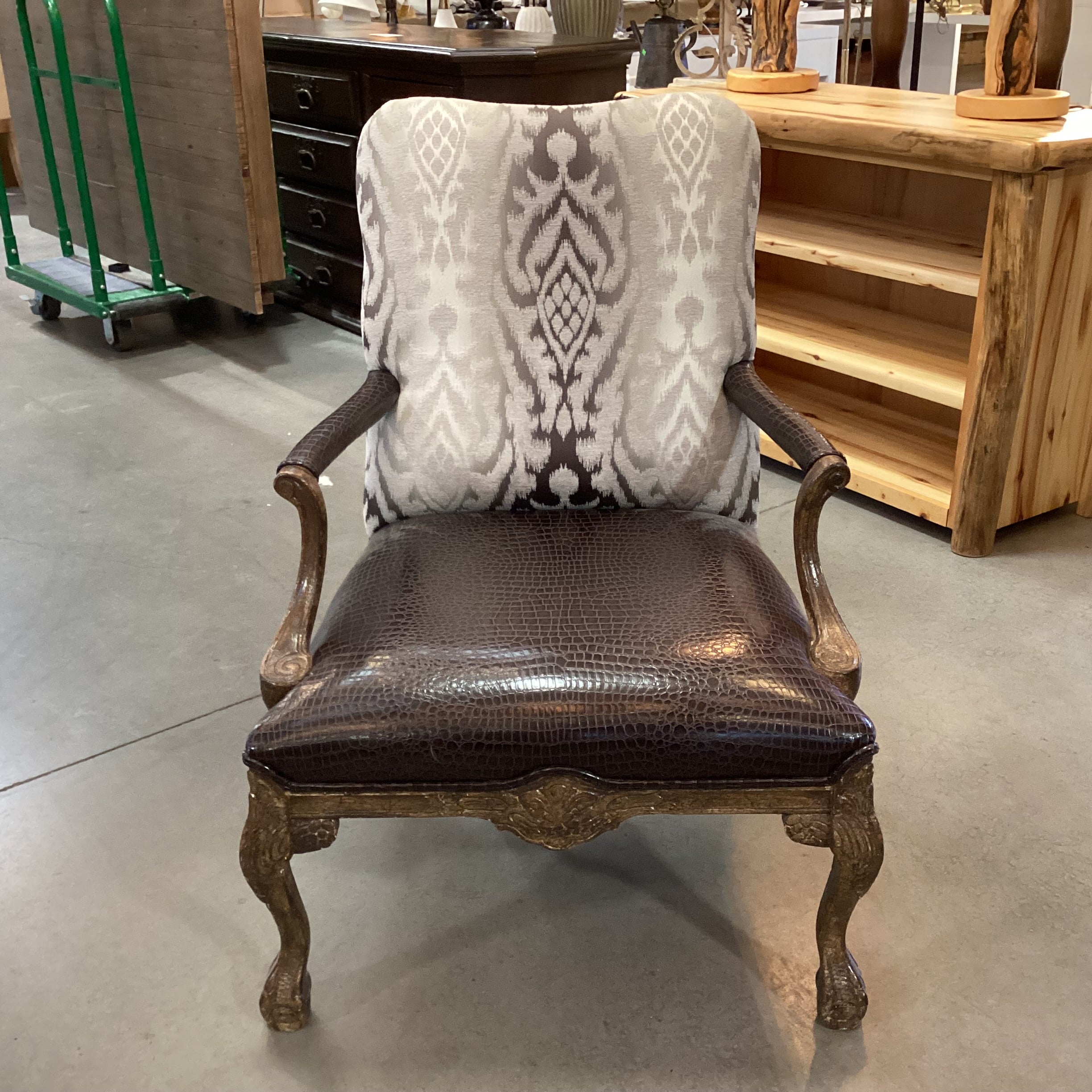 ARA Collection Croc Style Leather Raised Ivory Velvet & Brown Metallic Woven with Crackle Finish Claw & Ball Carved Wood Chair 29"x 32"x 39"