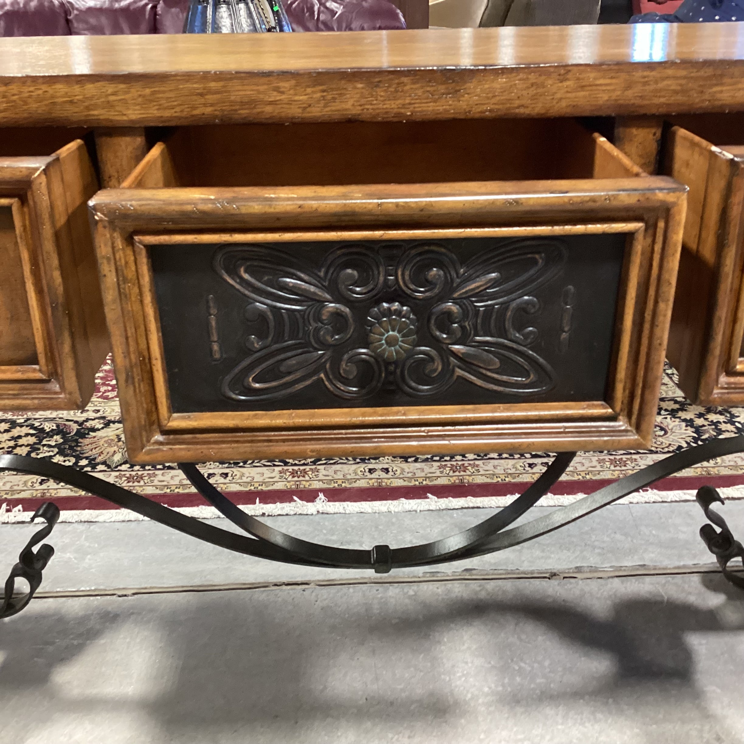 Maitland Smith Distressed Finish Carved Wood & Ornate Iron Trestle 3 Drawer Console Sofa Table 58"x 19"x 32"
