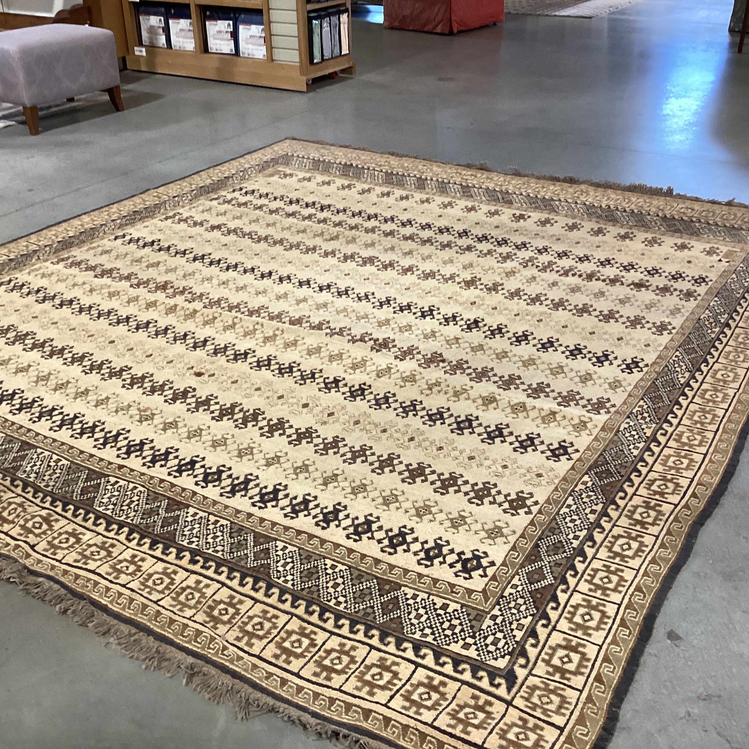 Vintage Tan & Brown Hand Woven Wool Rug 9'x 10'4"