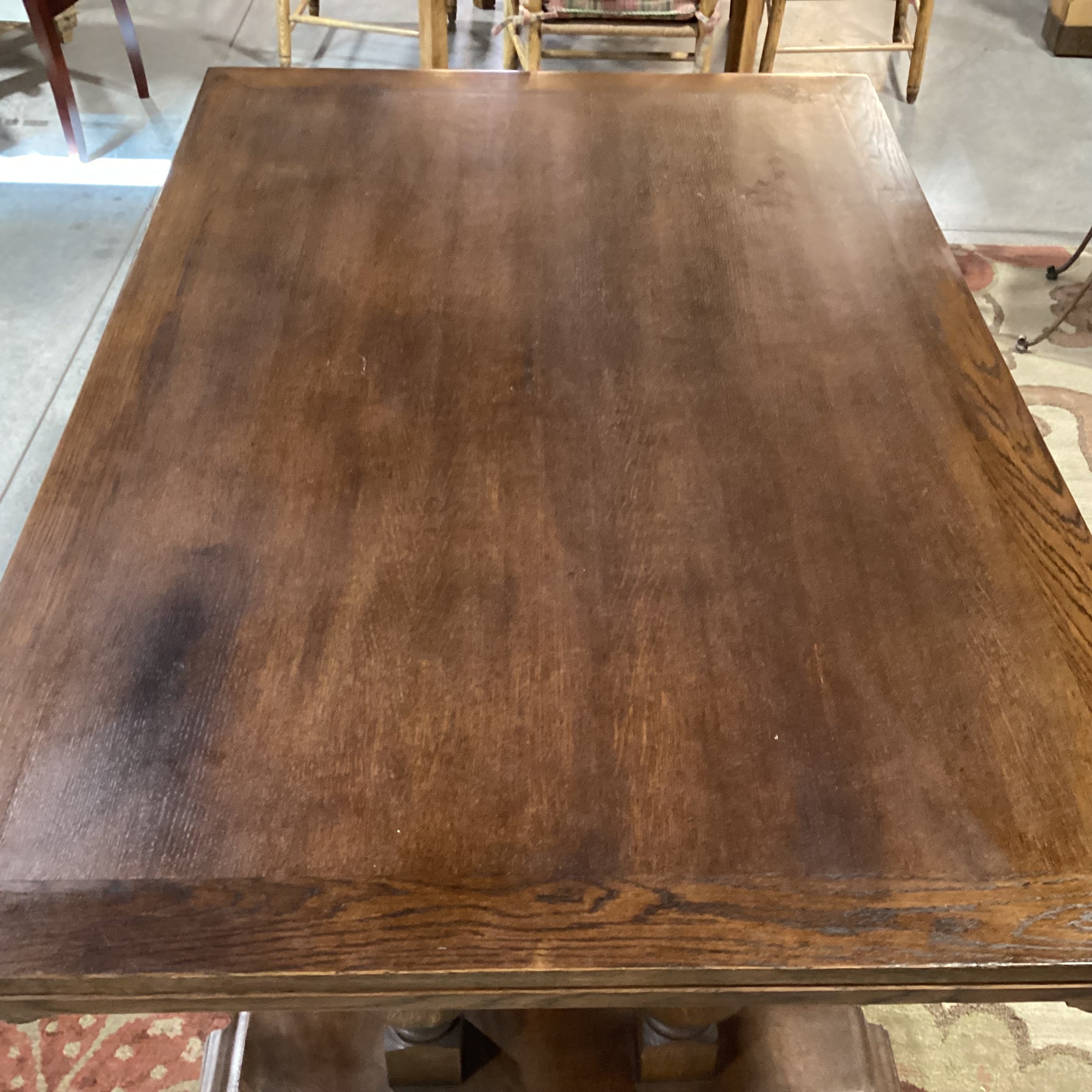 Antique Oak with Ornate Carved Trestle & 2 Extended End Leaves Dining Table 59" to 104"x 39"x 31"