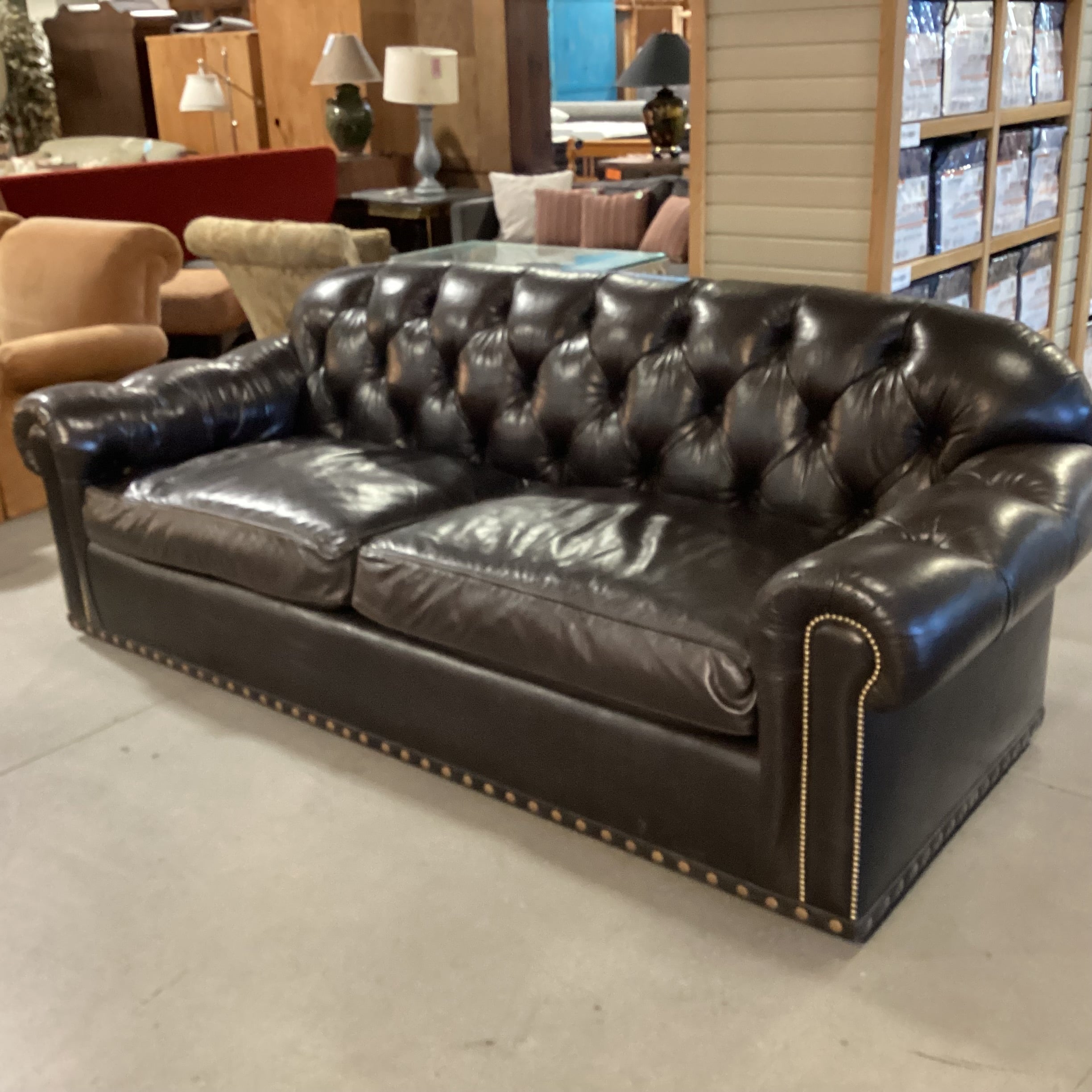 JJ Custom Dark Espresso Leather Tufted Down Mix with Nailhead Detail Sofa 98"x 40"x 36"