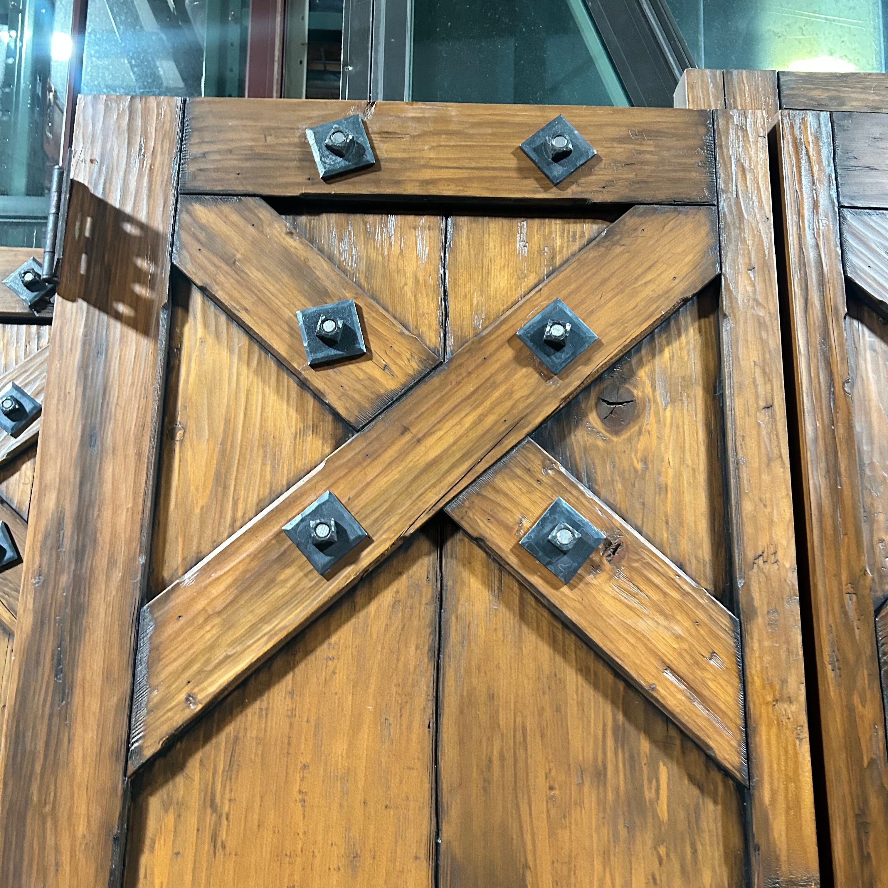 25.5"x 86.5"x 2" PAIR of Rustic Pine Closet Doors with Iron Hardware Accents