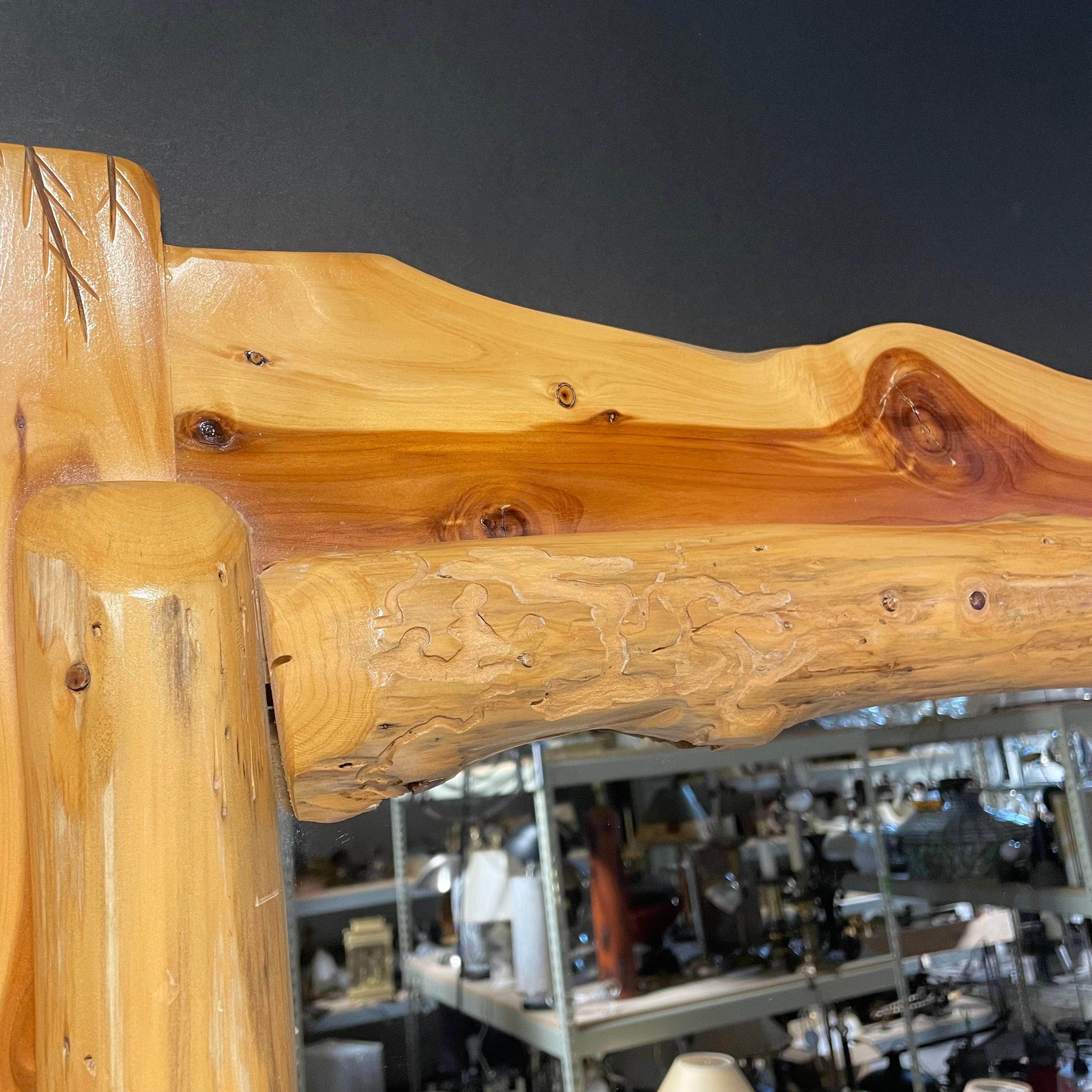 Live Edge Solid Natural Cedar Wood With Burned Wood Wall Mirror W/Branch Design 35 1/2" x 48"