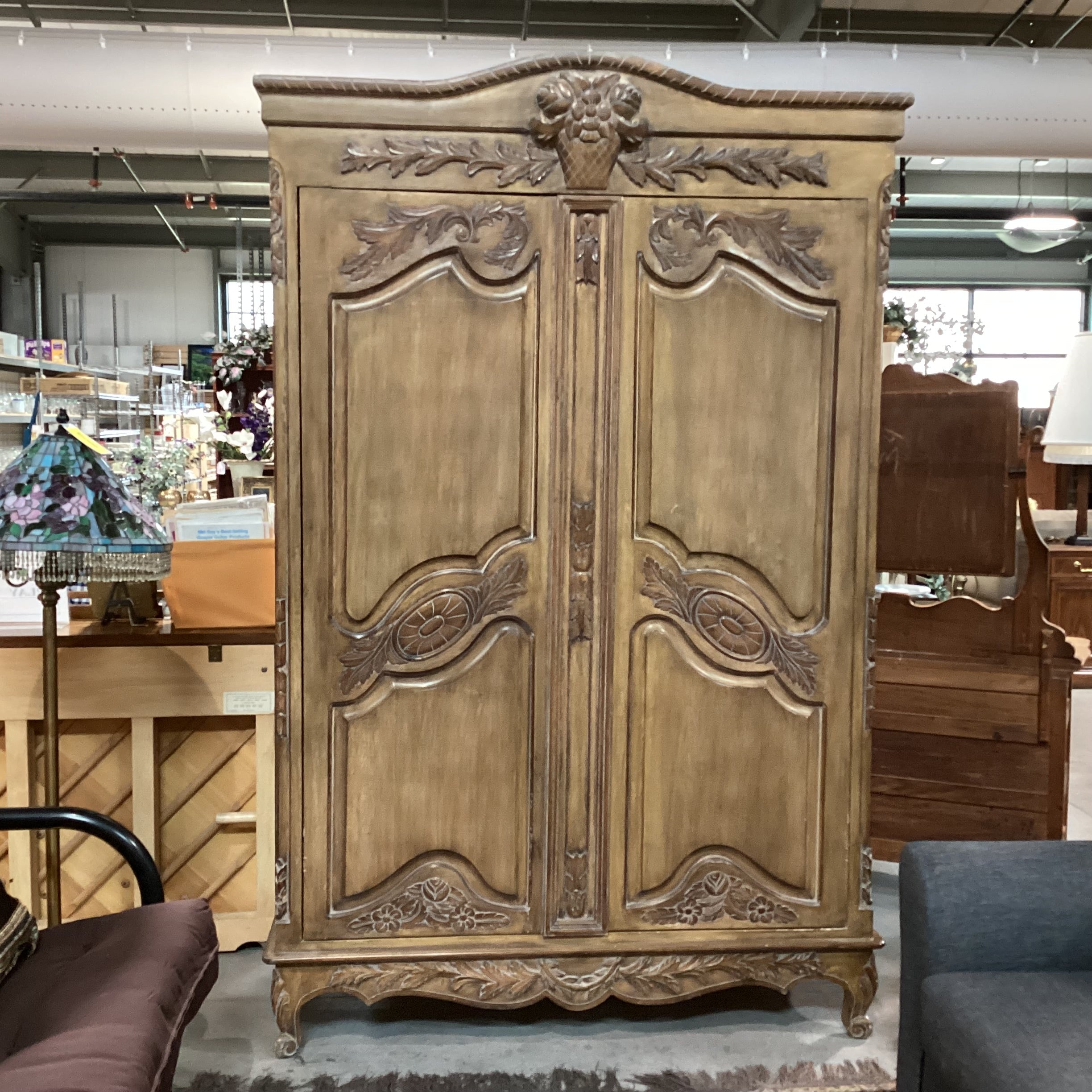 French Provincial Carved Wood with Light Washed Finish 2 Door 3 Drawer Armoire 60"x 26"x 93"