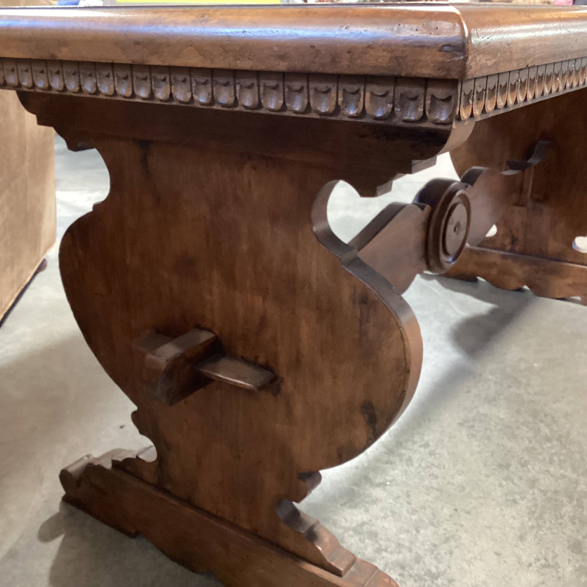 Distressed Finish Carved Wood with Dental Detail& Trestle Accent Table 70.5"x 30"x 30"