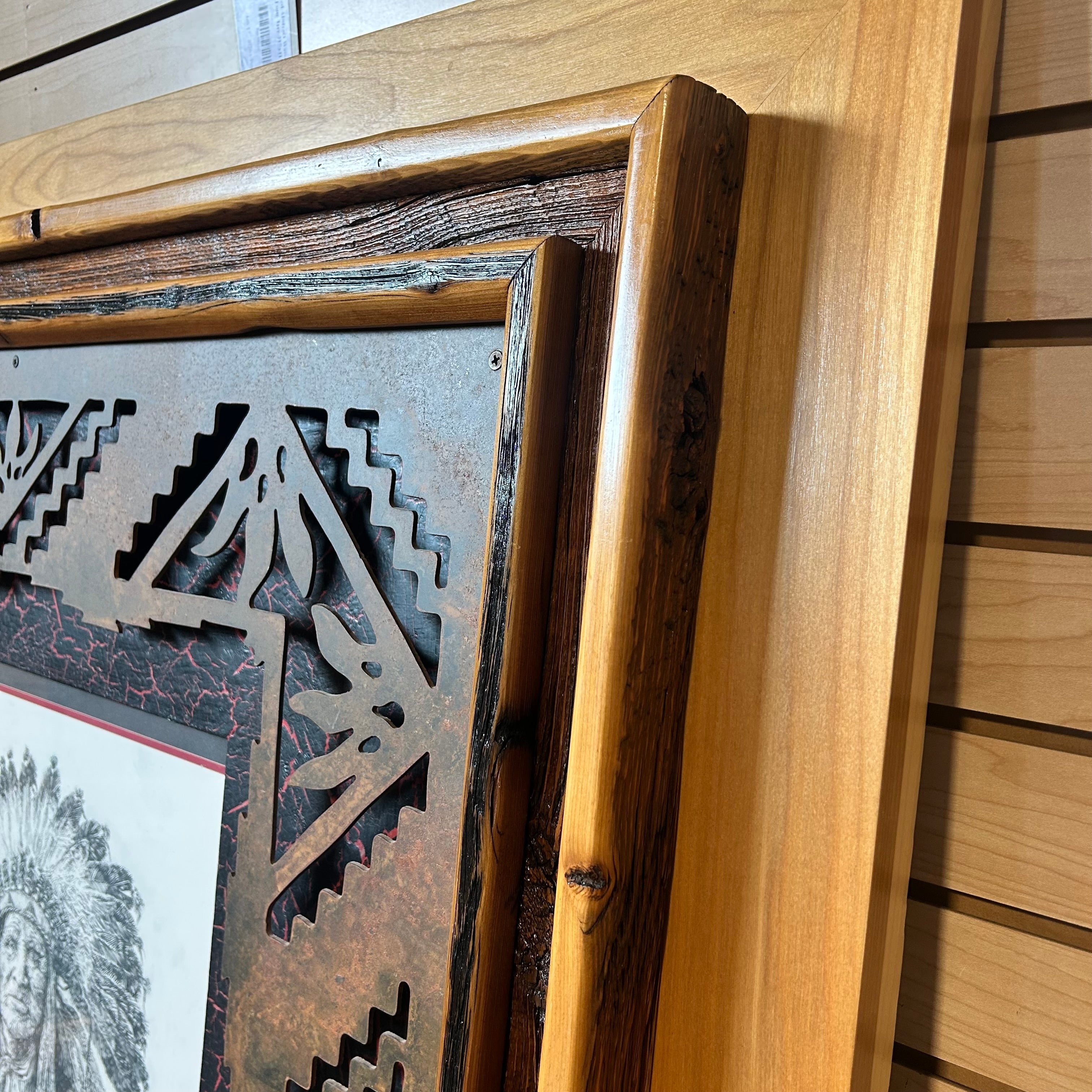 Kieth Rookwood Pencil Drawing Of A Native American Chief With One Of A Kind Custom Frame Made From Pine Wood Laser Cut Iron And Acrylic Crackel Backing 48"x 48"