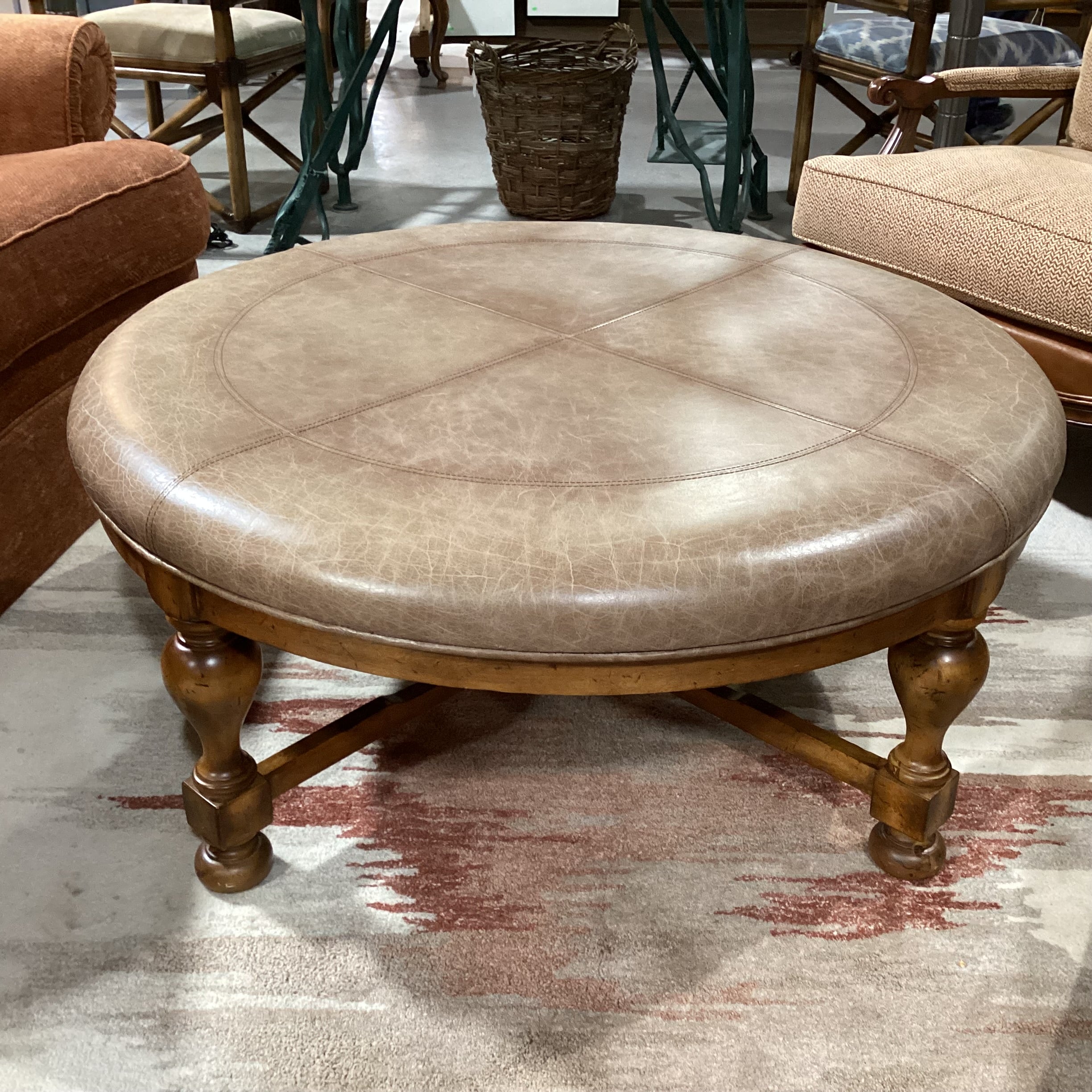 Carved Wood & Distressed Leather Round Ottoman 45" Diameter x 19.5"