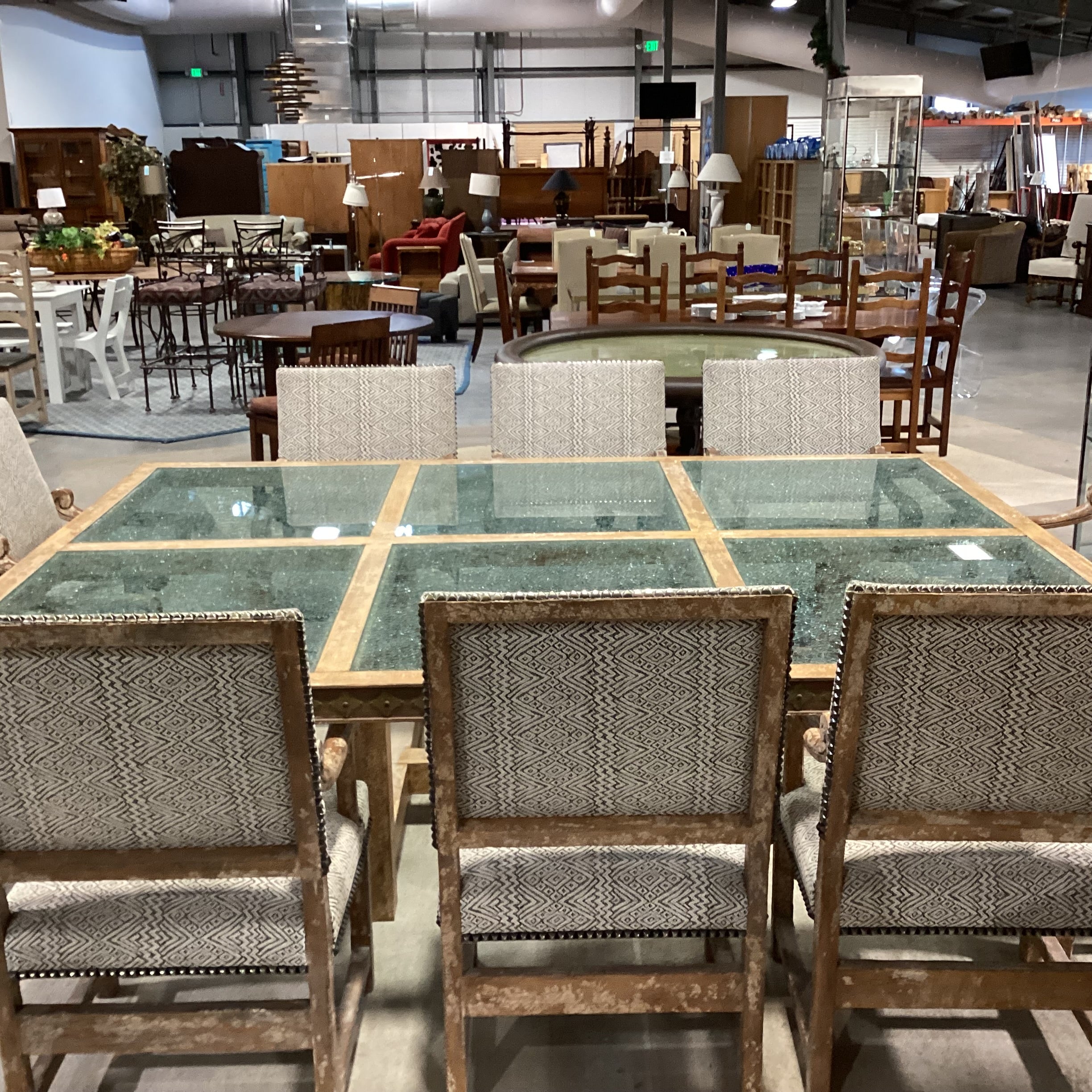 Custom Carved Textured Distressed Finish with Inset Crackle Glass Table with 10 Chairs Dining Set 96"x 72"x 30"