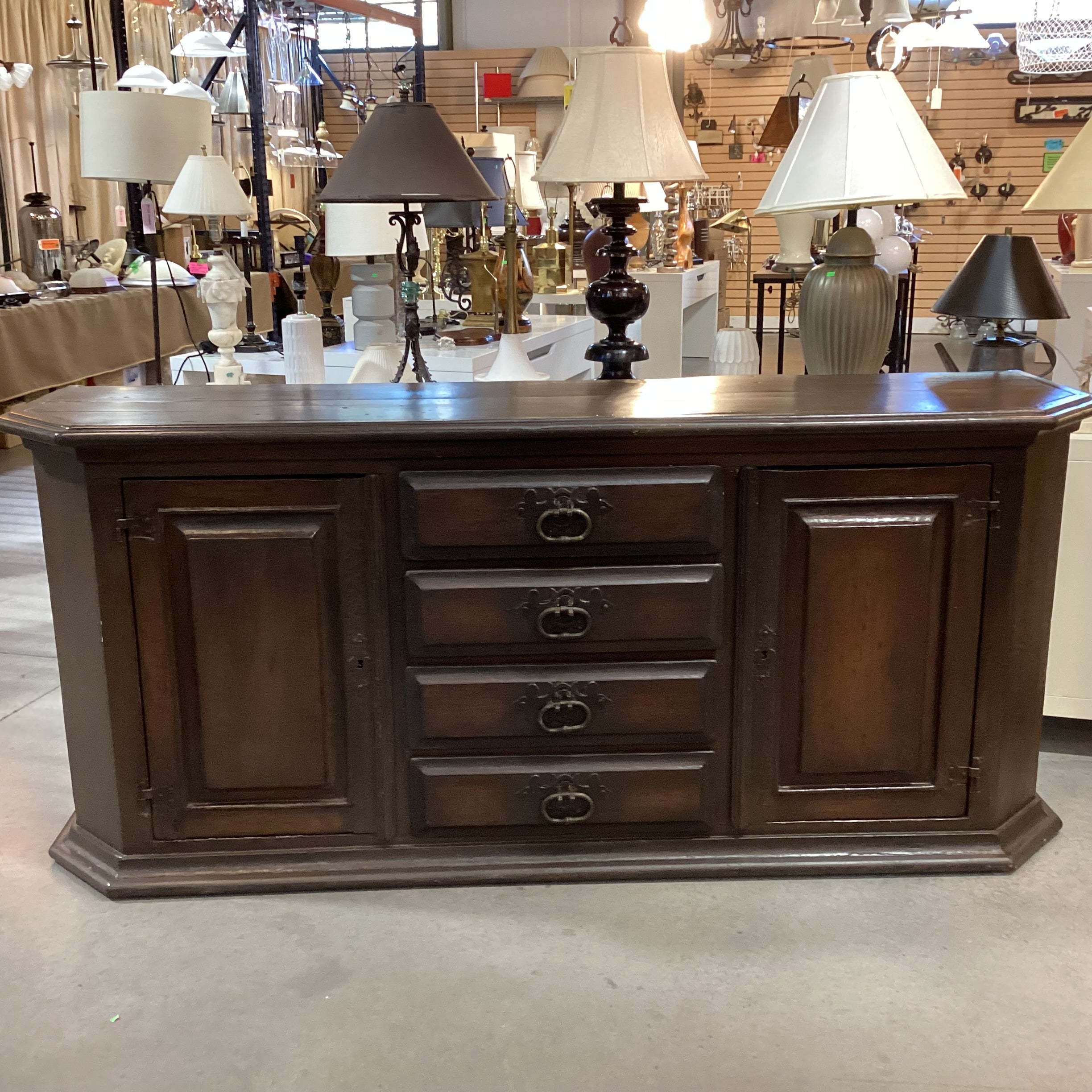 Vintage Antique Carved Wood with Iron Accent 4 Drawer 2 Door Buffet Sideboard 83"x 22"x 36.5"