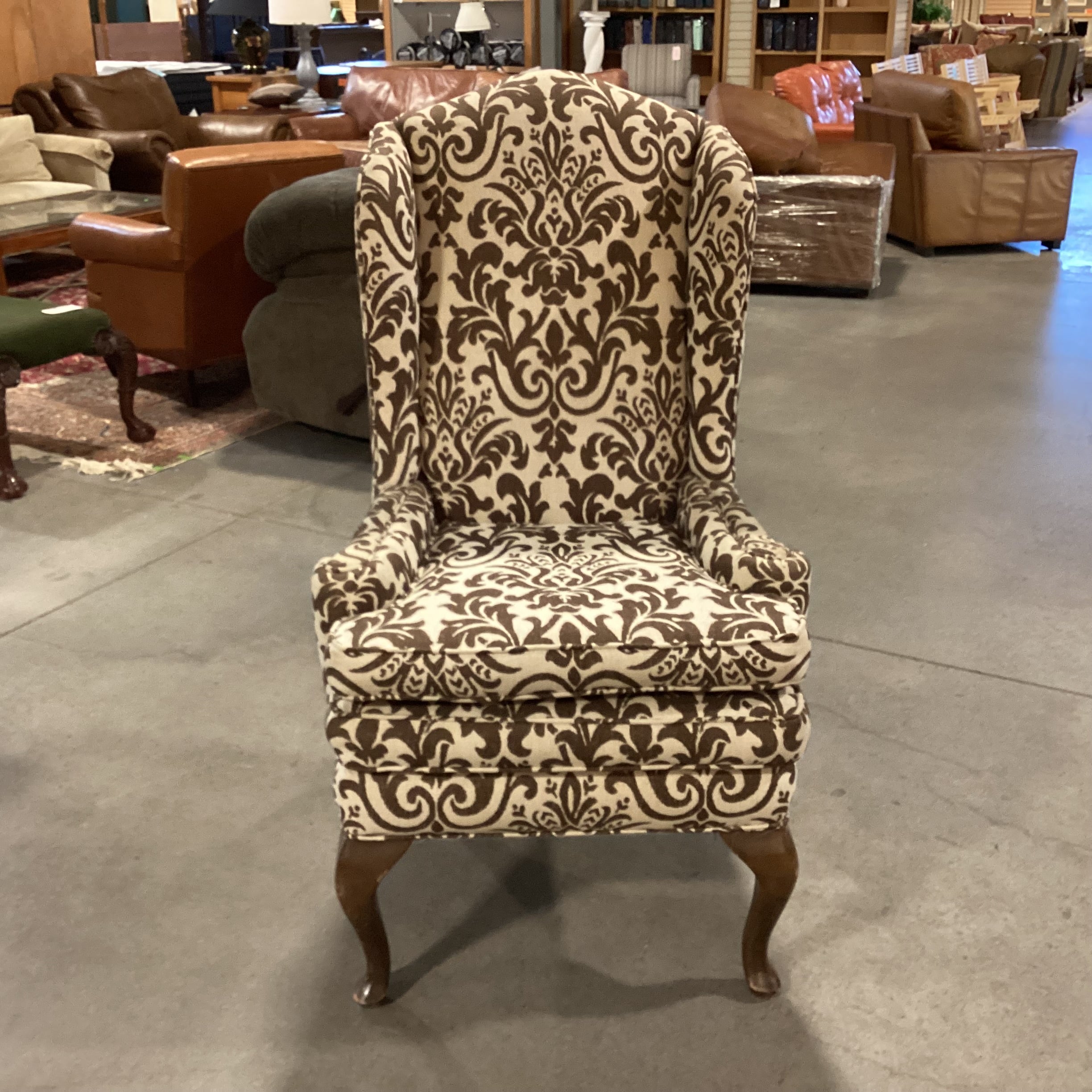 Custom Cream Brown Scroll Floral with Carved Legs Highback Wing Chair 30"x 30"x 50"