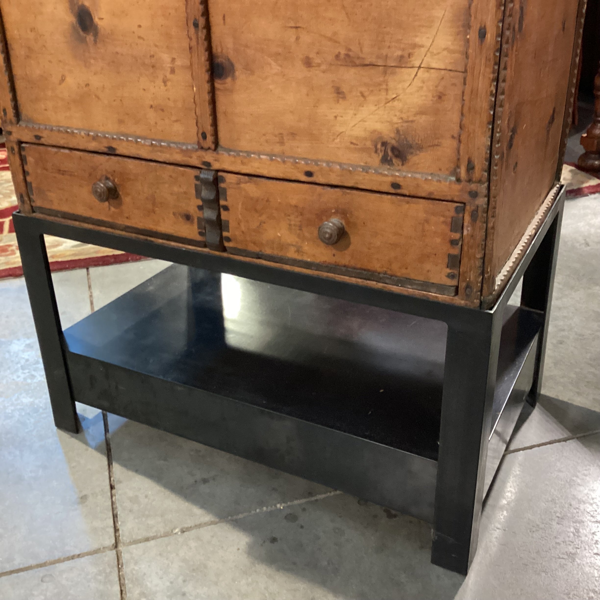 Antique Carved Wood with Metal Stand 2 Drawer & Storage Chest Trunk 22.5"x 14.5"x 28.5"