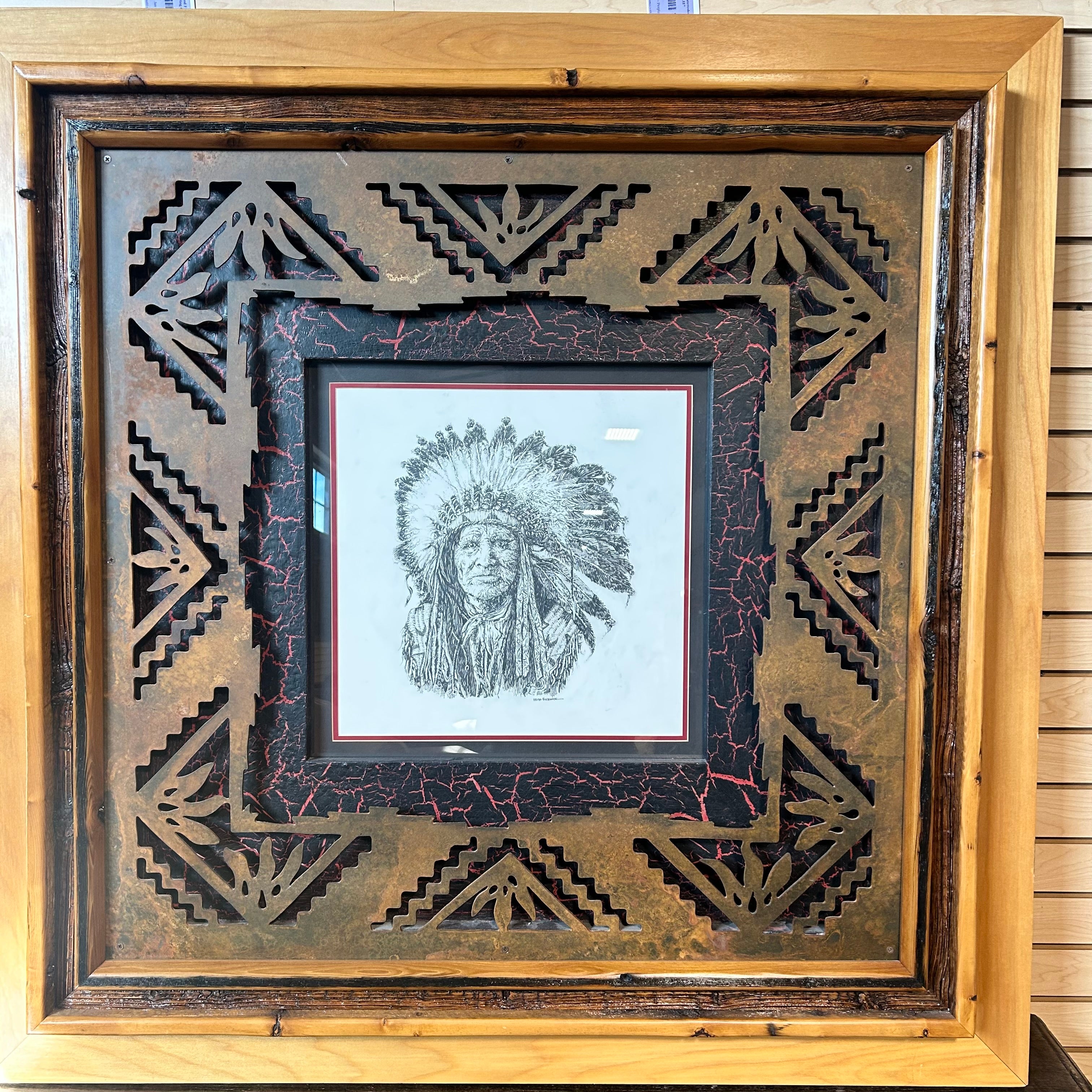 Kieth Rookwood Pencil Drawing Of A Native American Chief With One Of A Kind Custom Frame Made From Pine Wood Laser Cut Iron And Acrylic Crackel Backing 48"x 48"