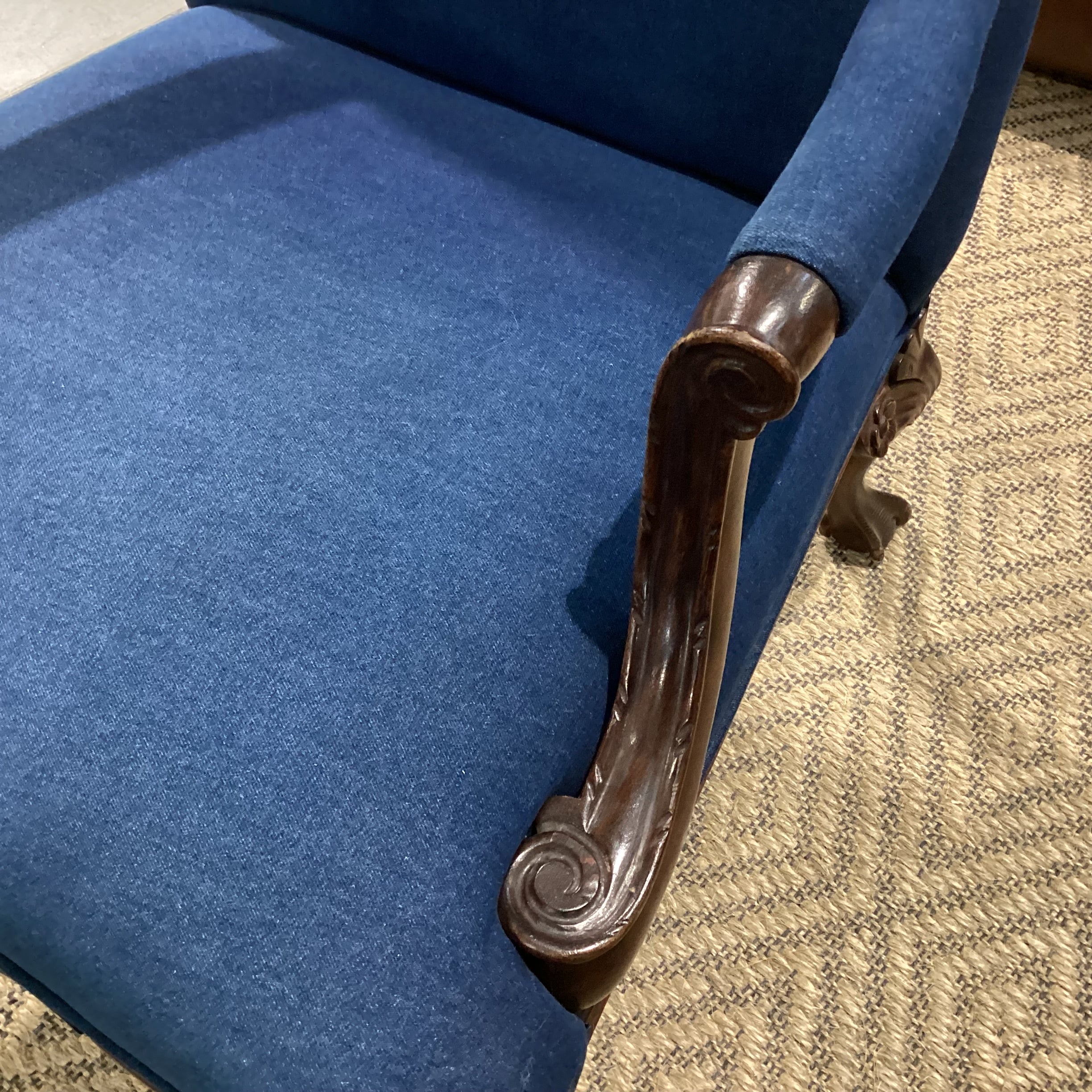 Antique Carved Wood Claw & Ball Foot & Denim Upholstered Chair 29"x 32"x 38"
