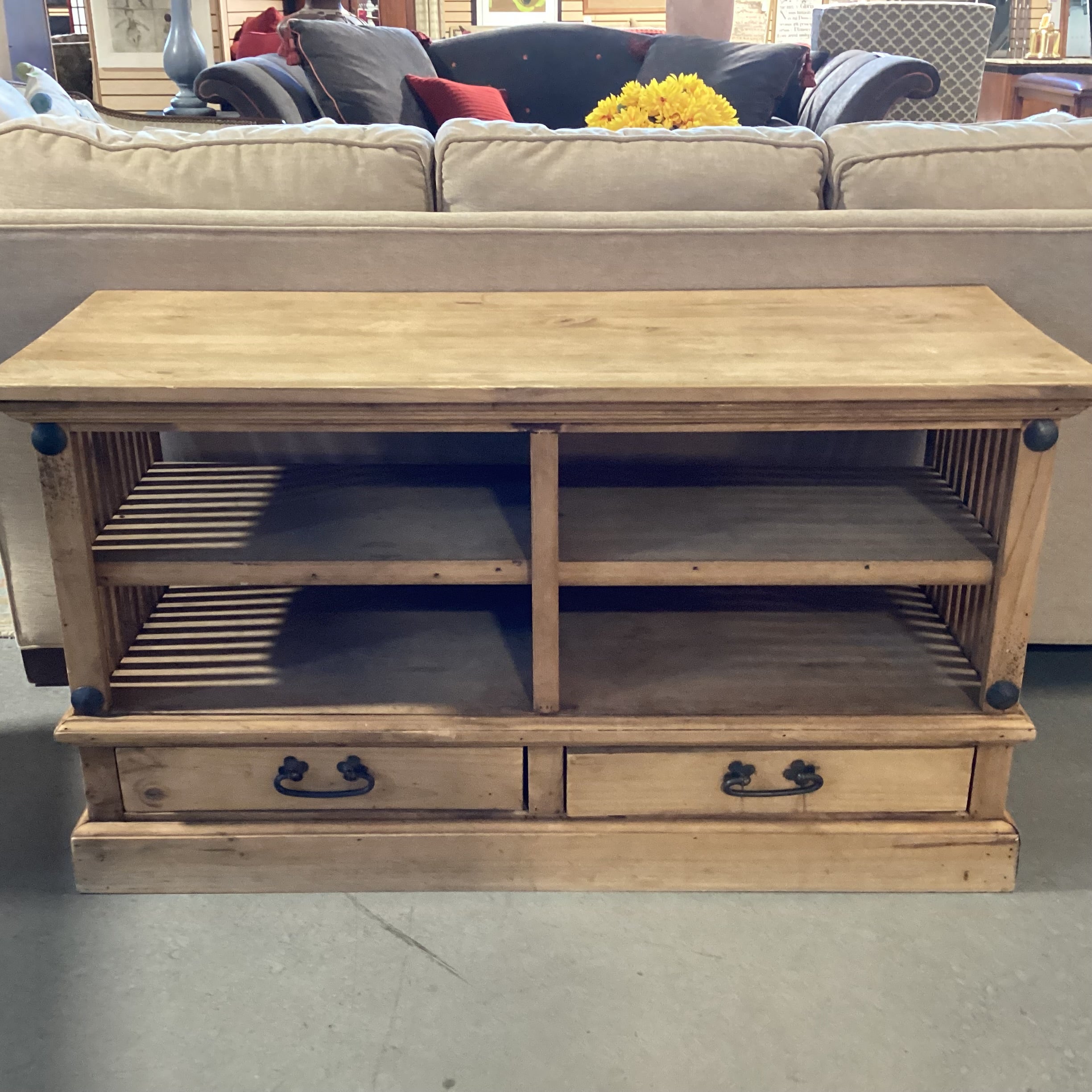 Rustic Natural Pine 2 Drawer with Shelves Console 48"x 18"x 26.5"