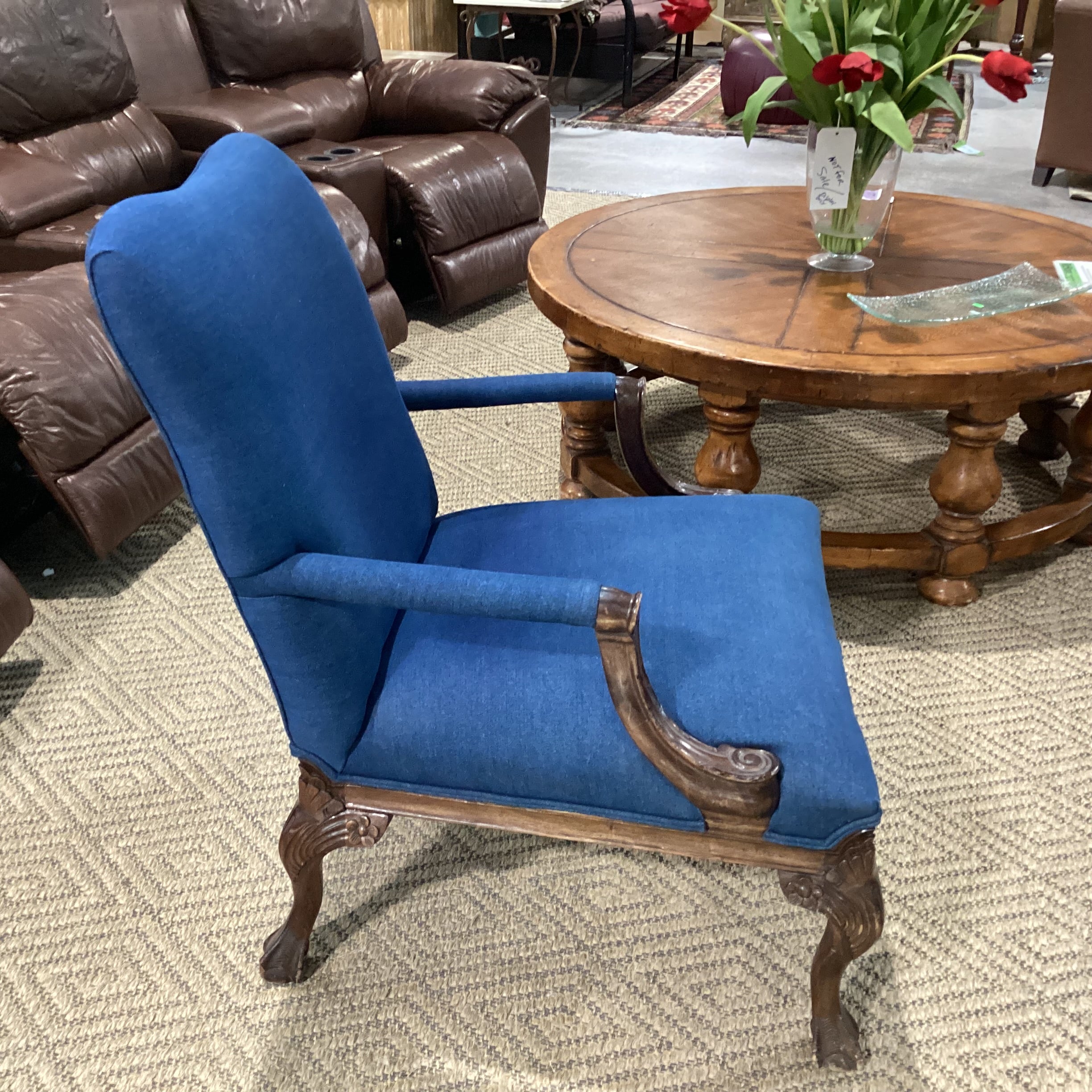 Antique Carved Wood Claw & Ball Foot & Denim Upholstered Chair 29"x 32"x 38"