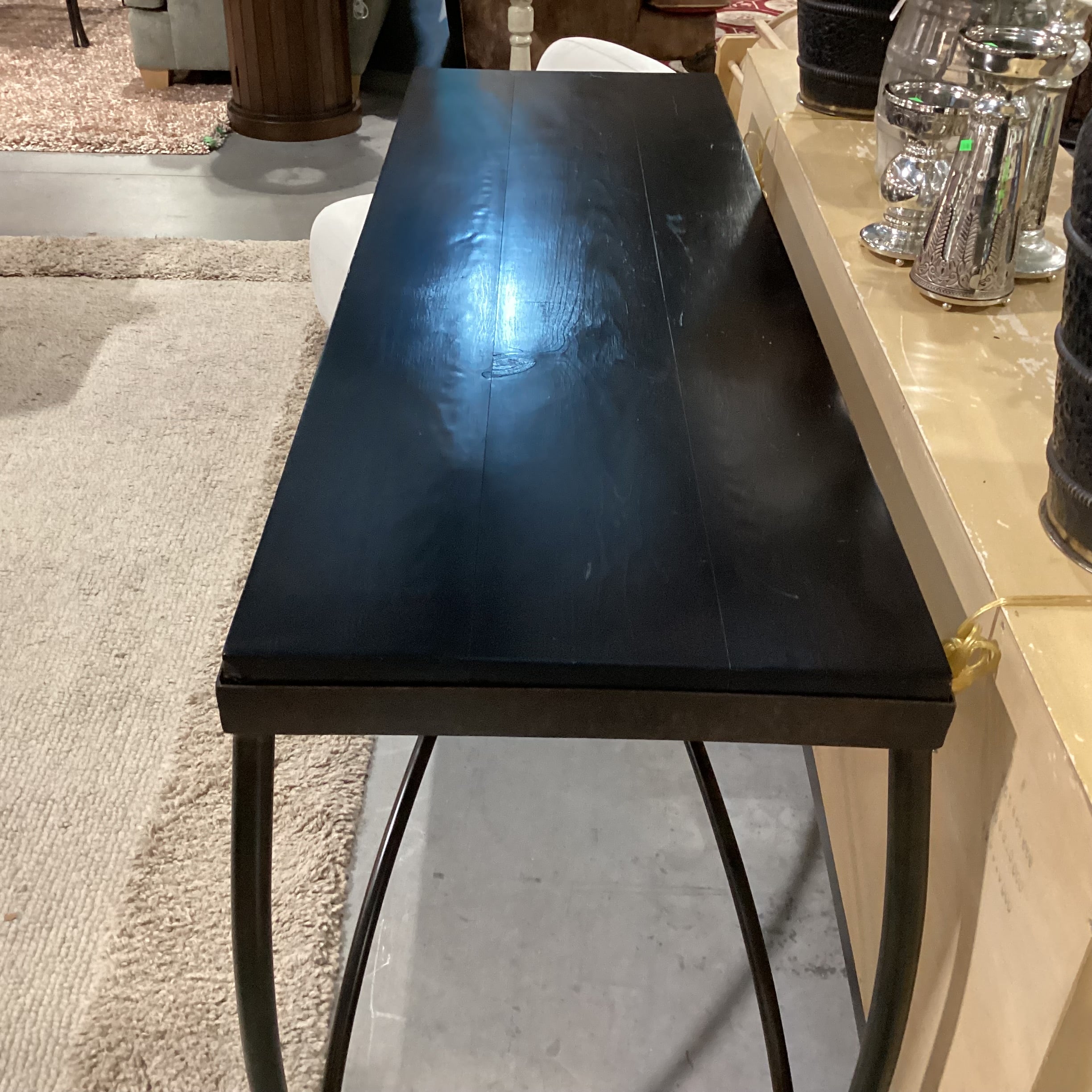 Dark Finished Wood & Iron Stretchers Trestle Accent Table 73"x 23"x 34.5"