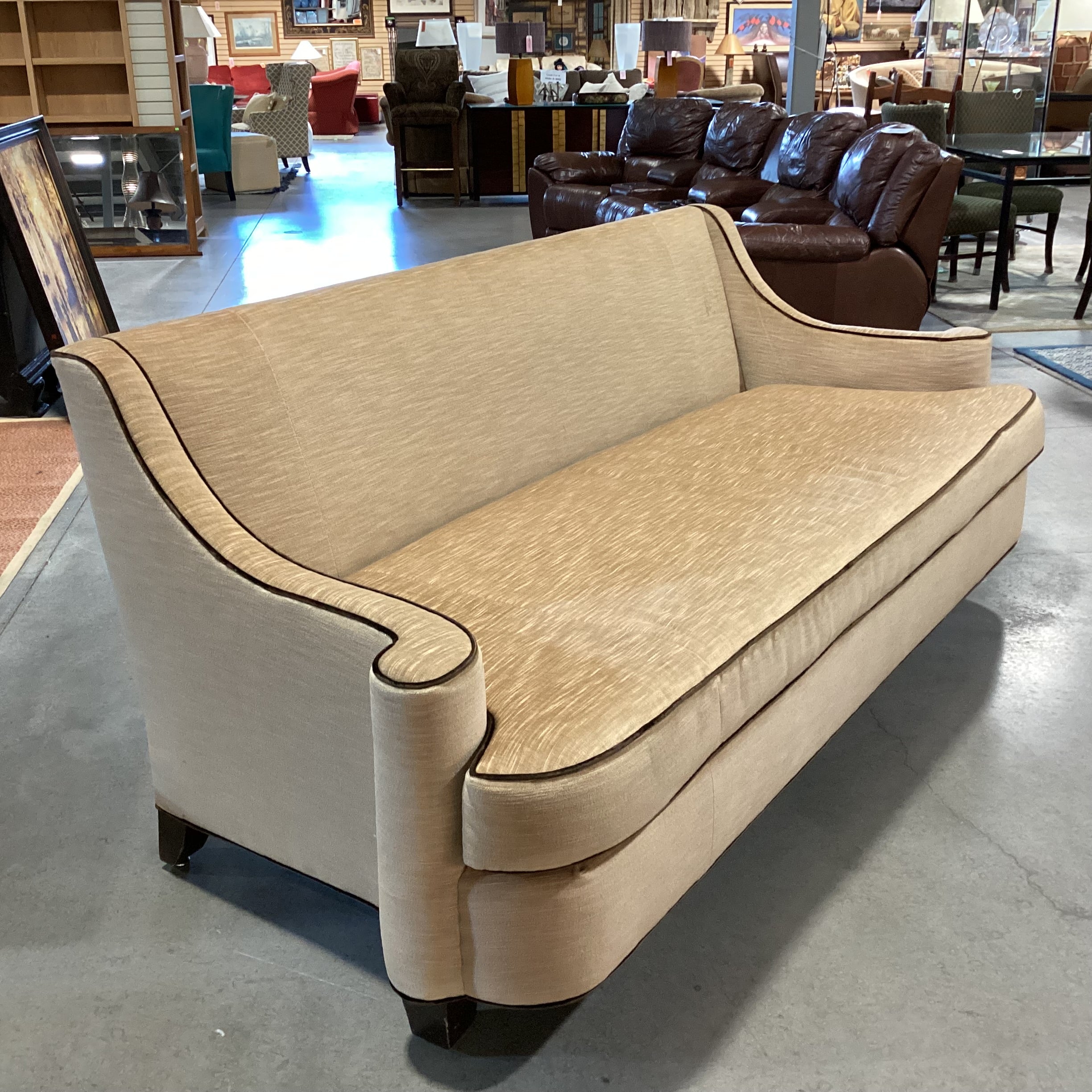 Golden Textured Velvet with Brown Velvet Piping Slope Roll Arm Custom Sofa 92.5"x 40"x 36"