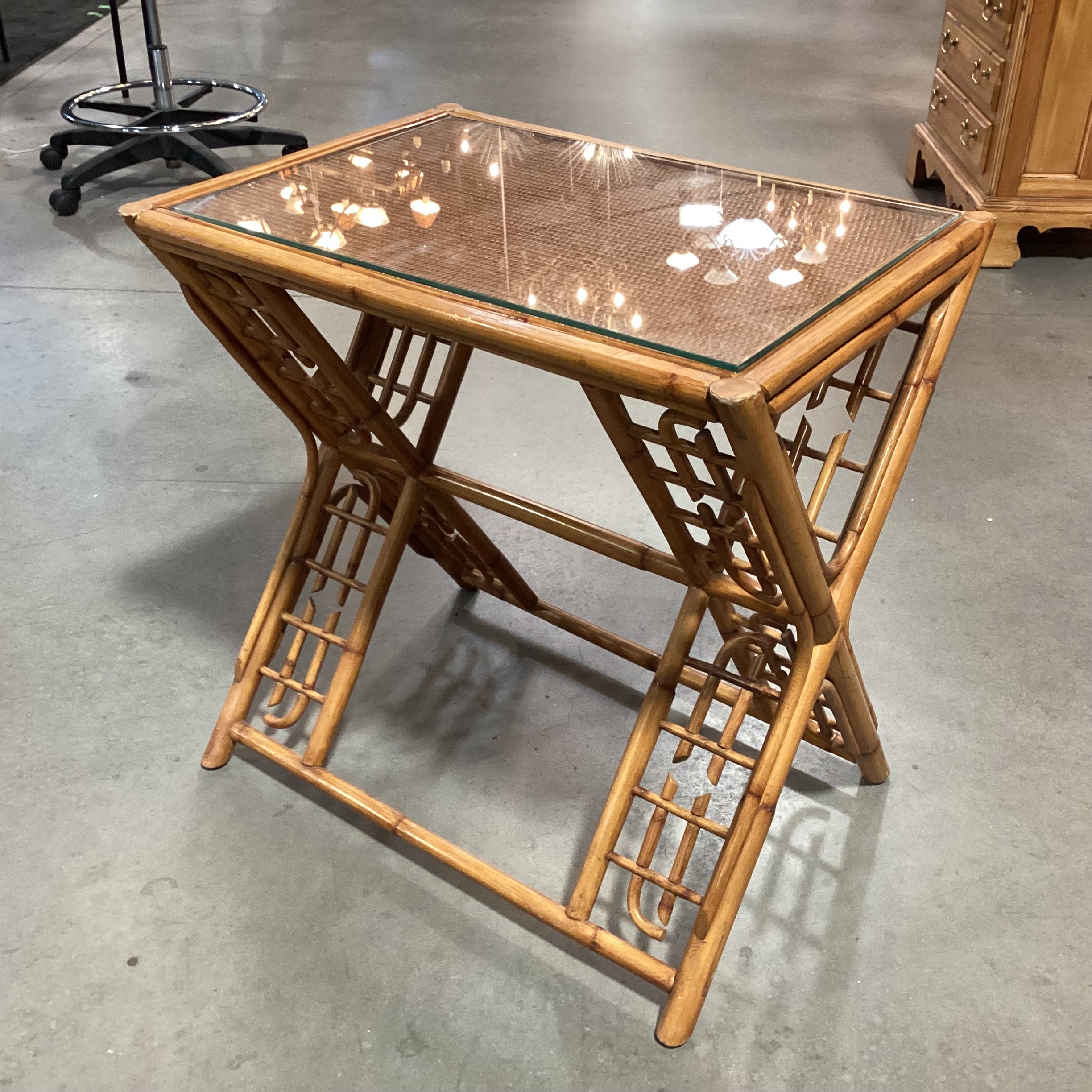 Vintage Bamboo & Rattan with Glass Top Accent Table 27"x 19"x 27"