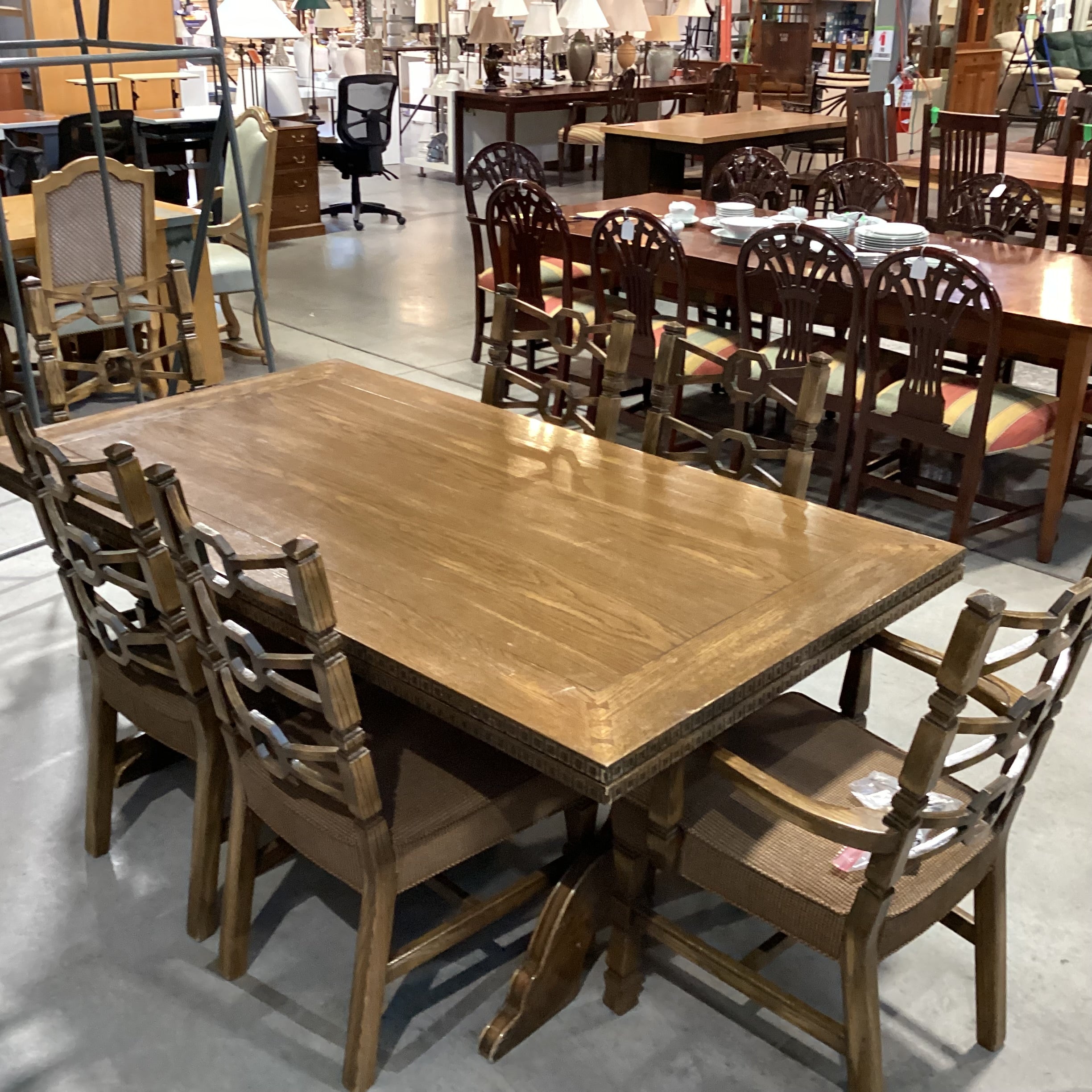 Vintage Antique Carved Oak with Trestle Table & 6 Chairs Dining Set 72"x 40"x 30"