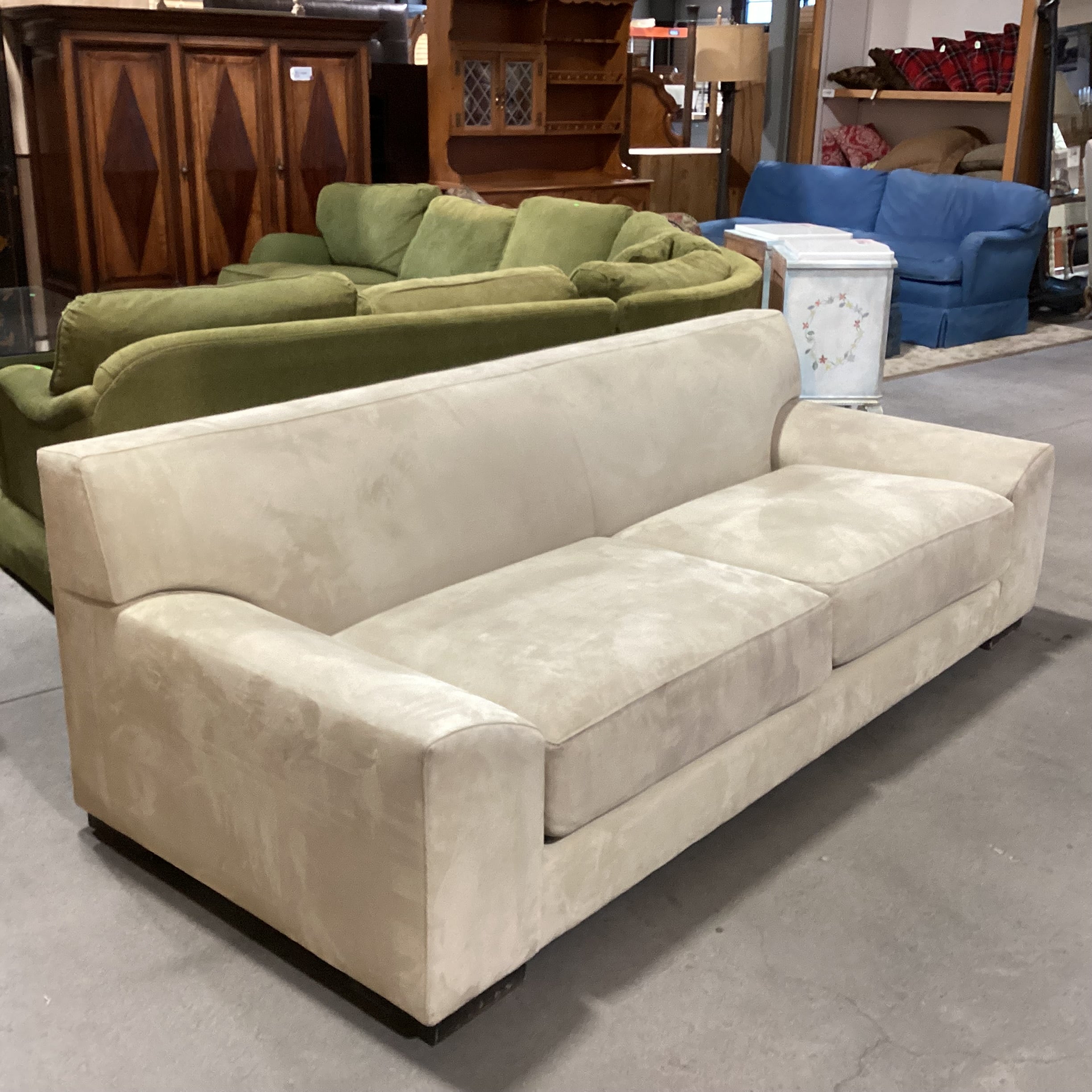 Custom Beige Ultra Suede Low Profile Modern Sofa 87"x 37"x 29.5"