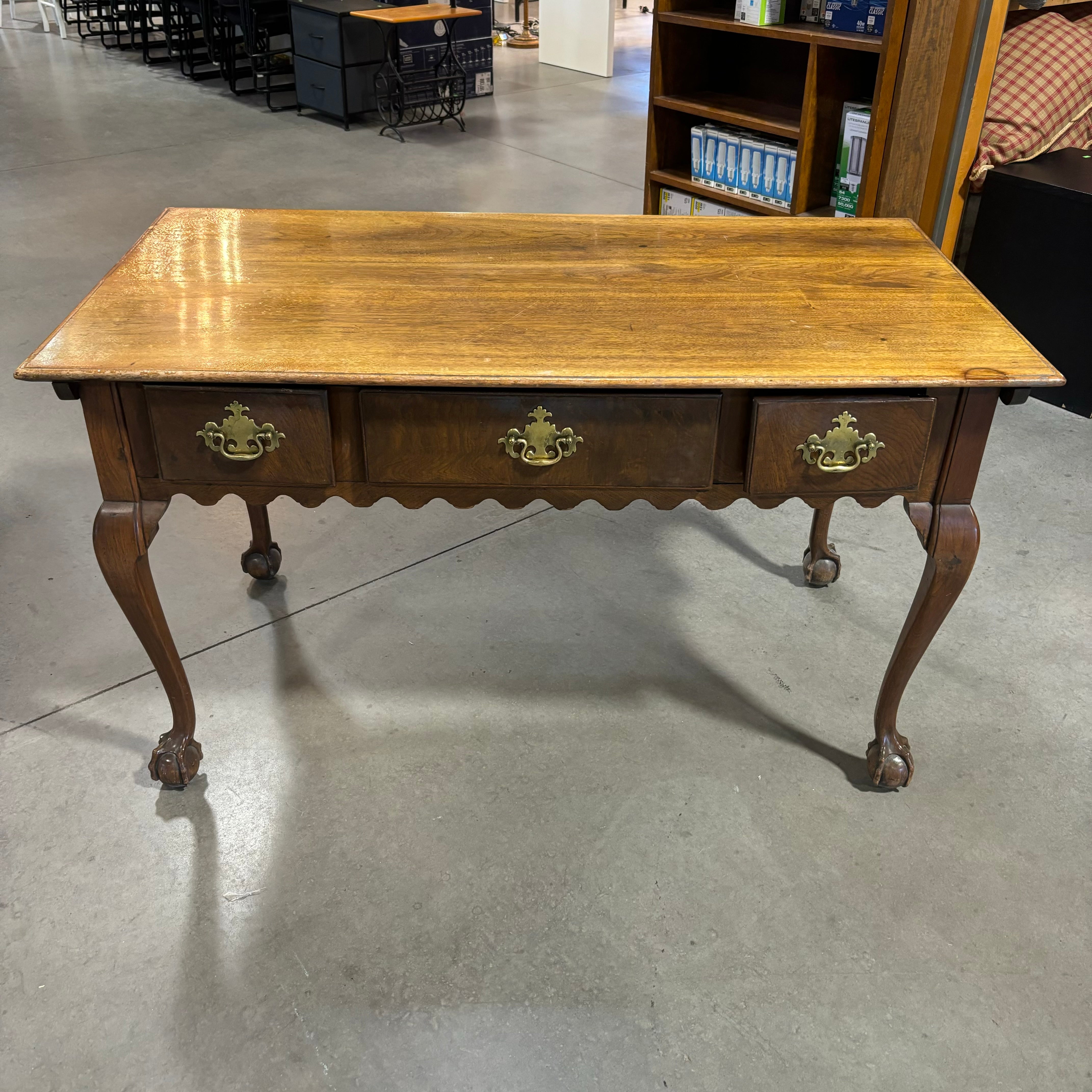 Antique Walnut with Claw and Ball Feet & Brass Accents 3 Drawer Desk 52"x 27"x 29"
