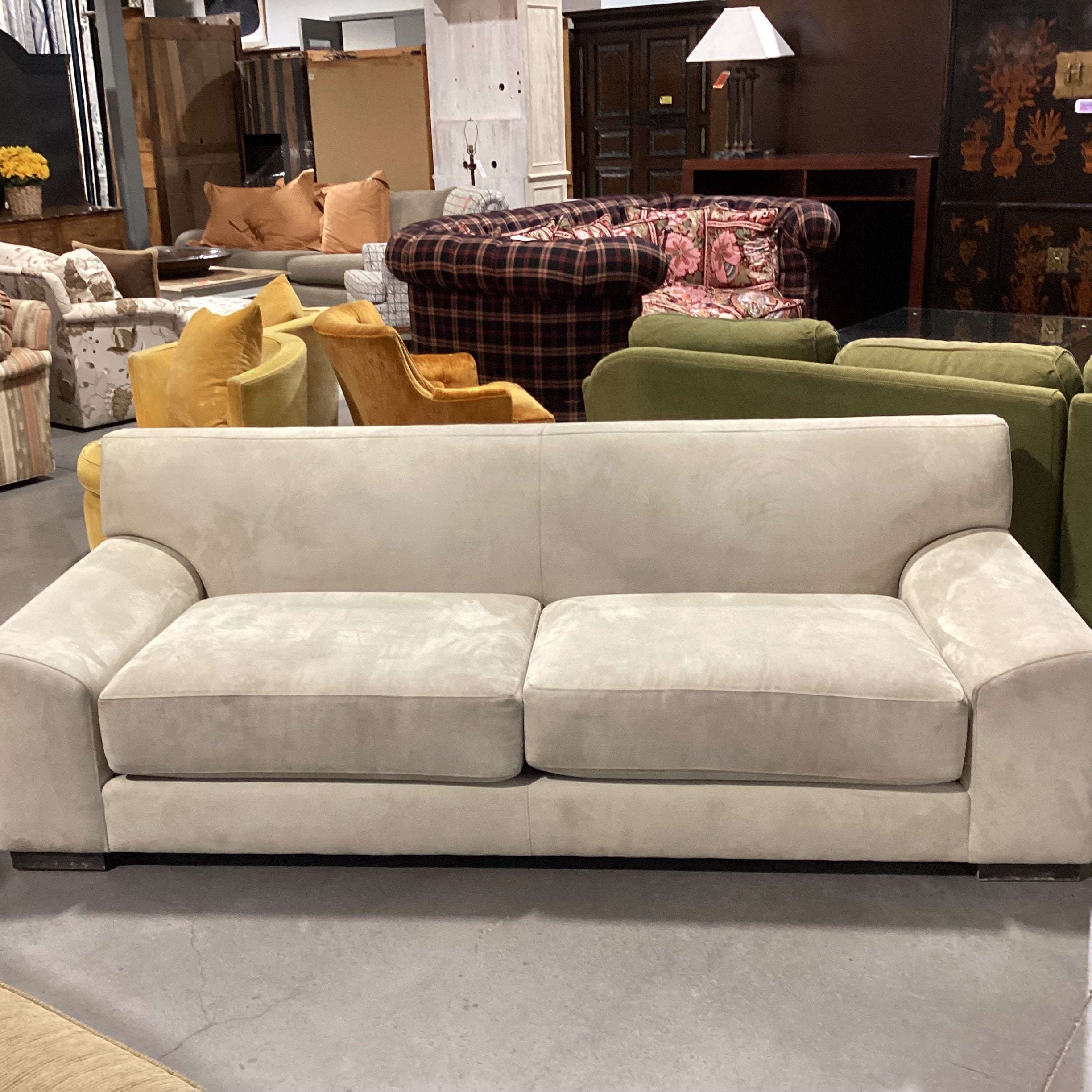 Custom Beige Ultra Suede Low Profile Modern Sofa 87"x 37"x 29.5"