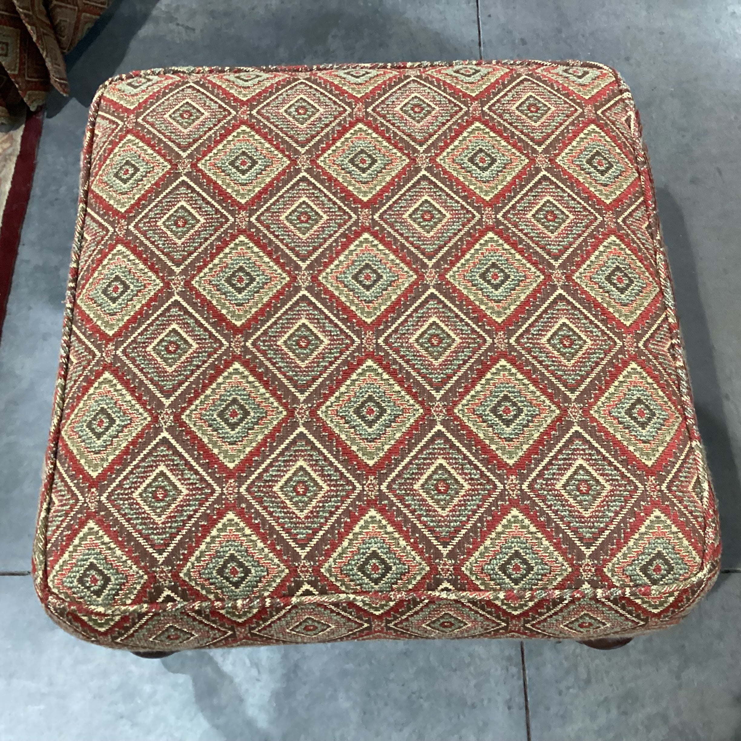 Dindy Foster Interiors Brown Gold Red Sage Woven Diamond Pattern & Carved Wood Brass Casters Ottoman  24"x 24"x 18"
