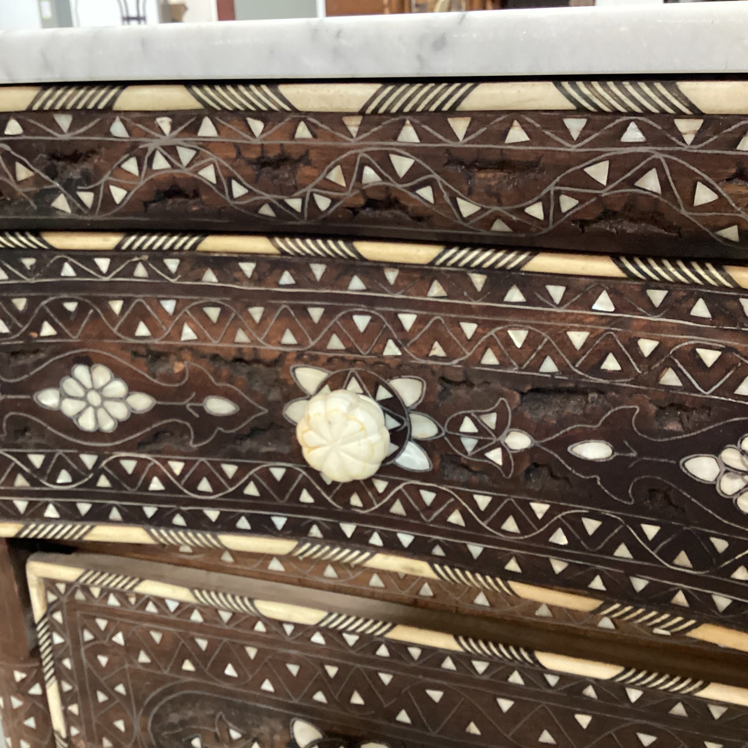 Damascus Carved Wood Mother of Pearl Inlay & Marble Top Wedding Chest 45.5"x 20.5"x 37"