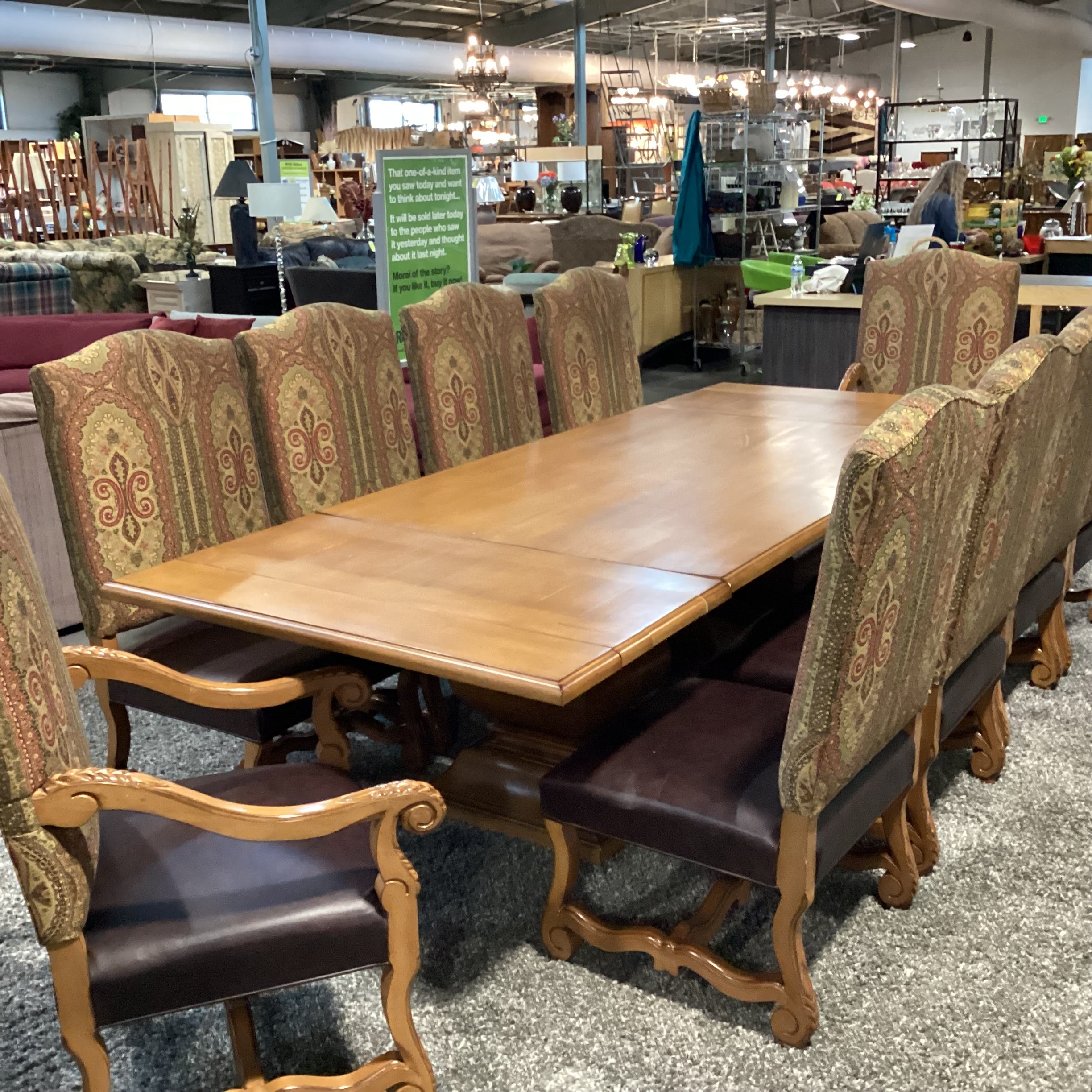Custom Solid Wood 2 End Extend Leaves Double Pedestal Table with 10 Chairs Dining Set 120"x 48"x 30.5"