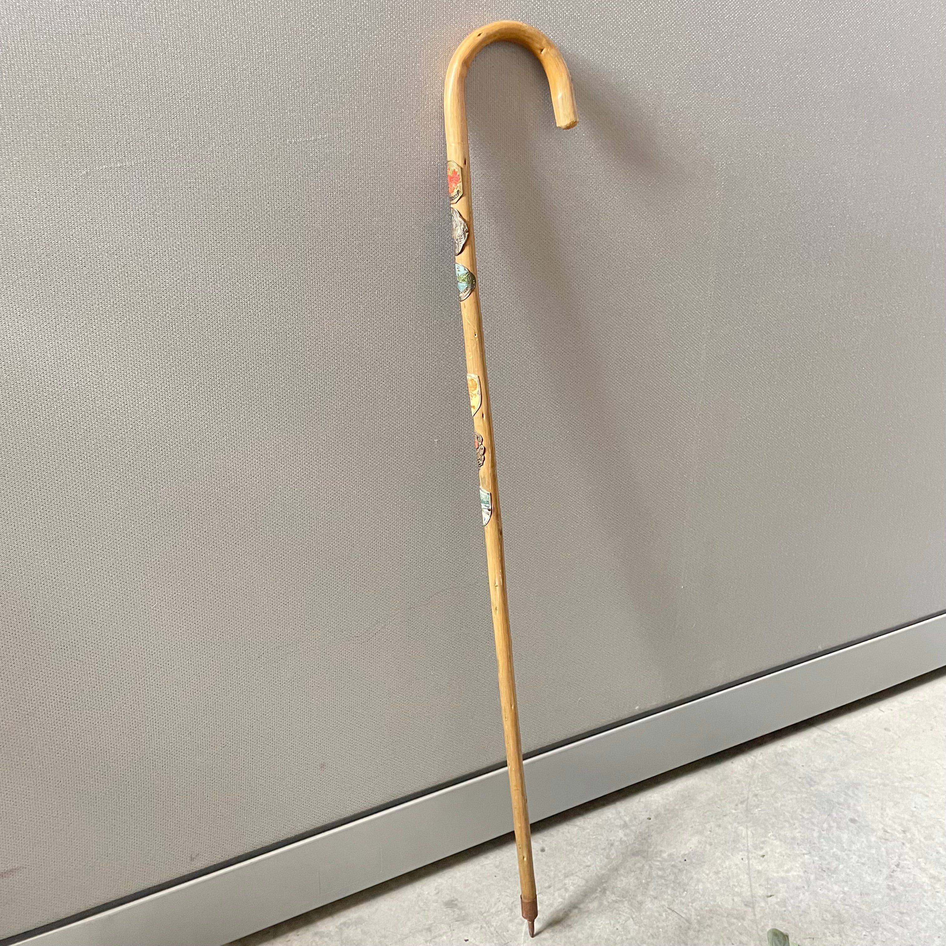 Antique German Wooden Hiking Cane with 6 Badges, 35"