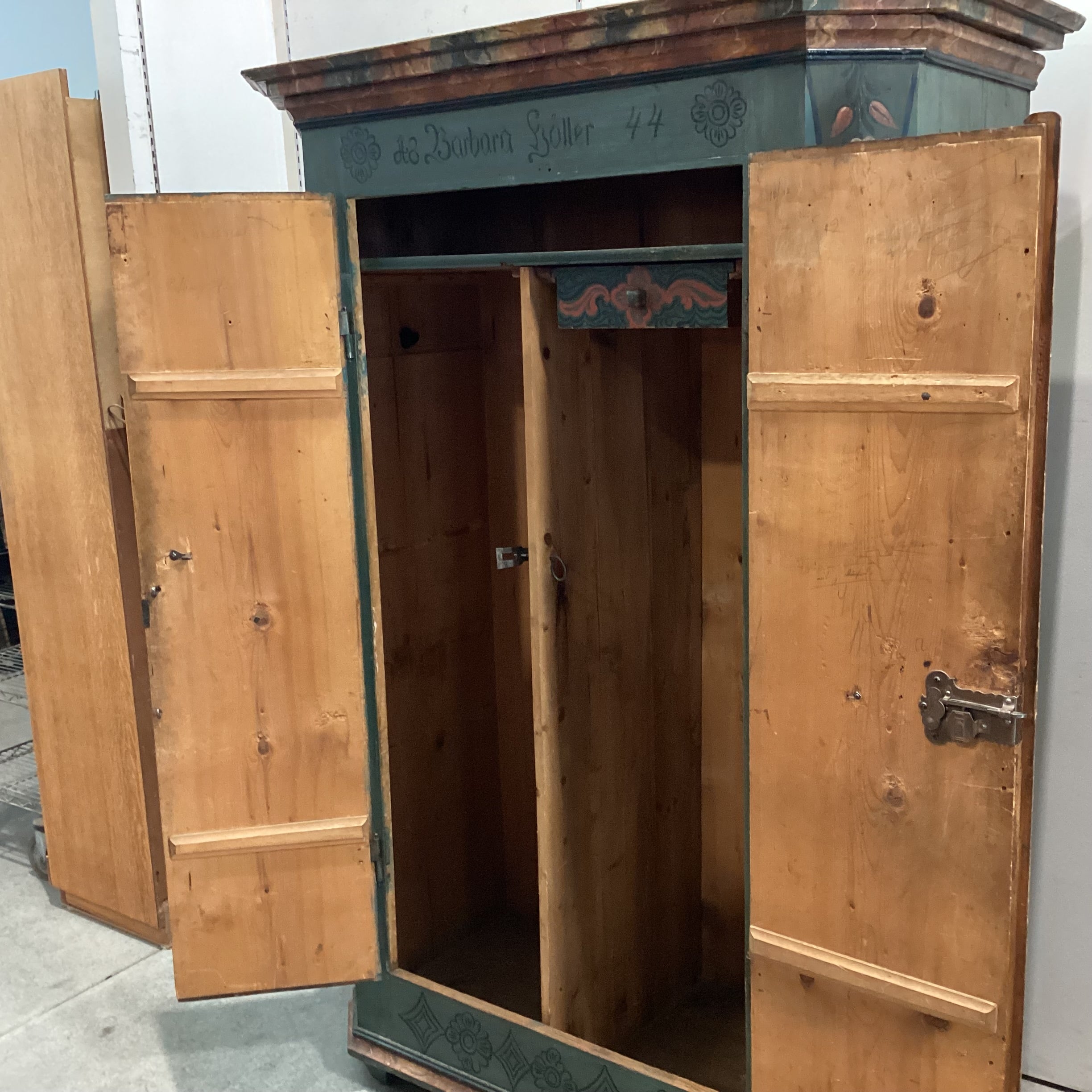 Antique Austrian Kitzbuhel Carved Wood & Hand Painted Floral 2 Door Armoire 50"x 26"x 71"