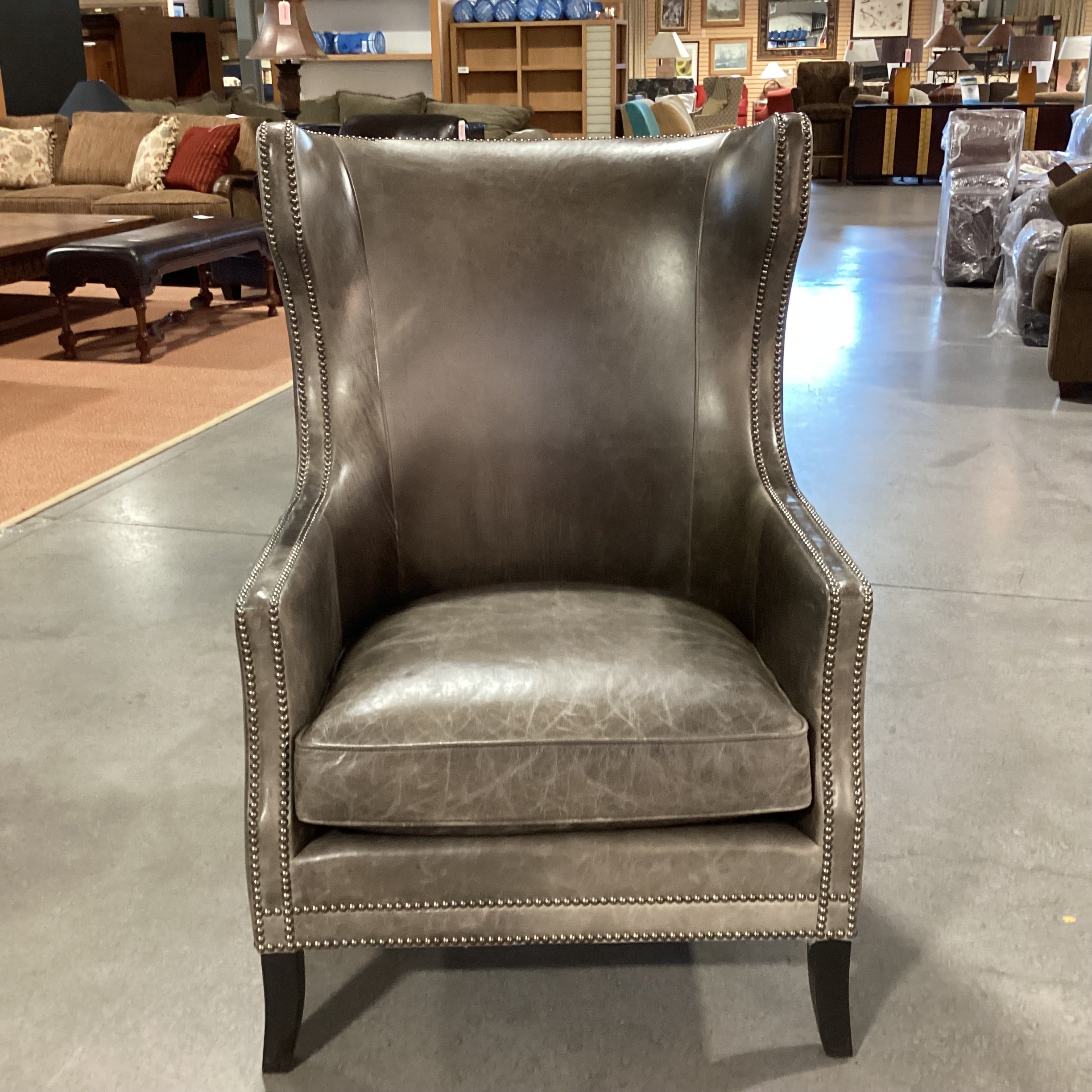Bernhardt Interiors Olive Grey Distressed Leather Nailhead High Back Wing Chair 31"x 36"x 45"