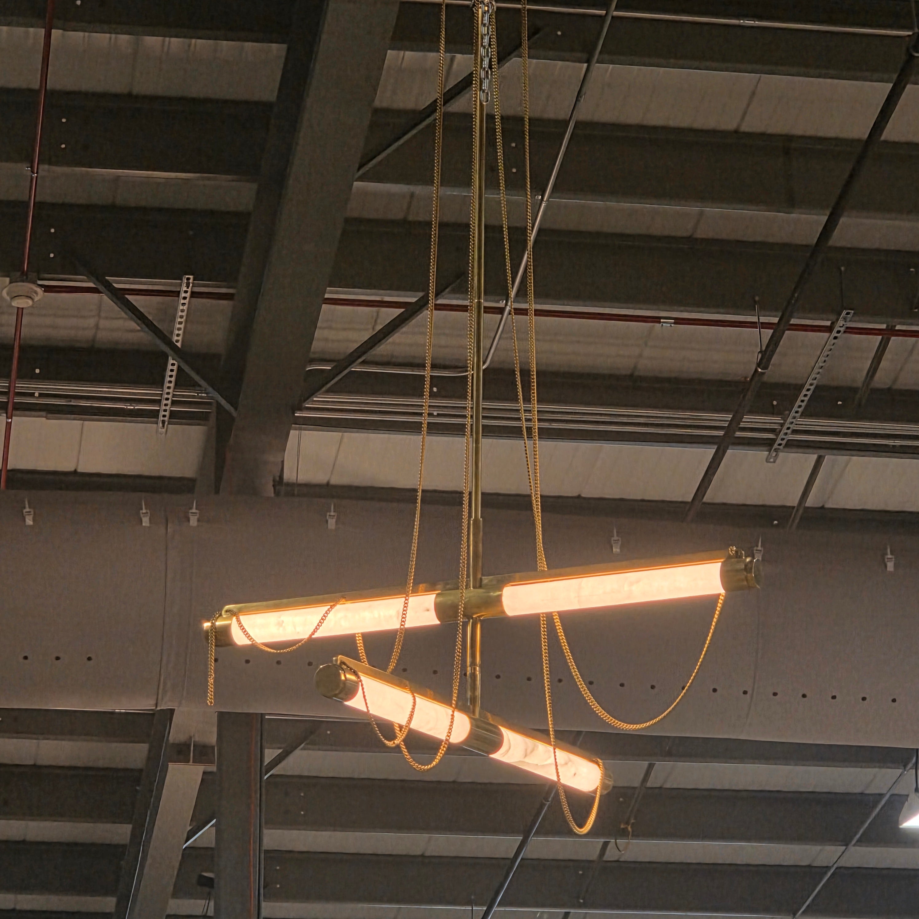 BRAND NEW Lariat Liner by Corbett Lighting with Gold, Gold Chains and Alabaster Stone Two Light Chandelier 48"x69"