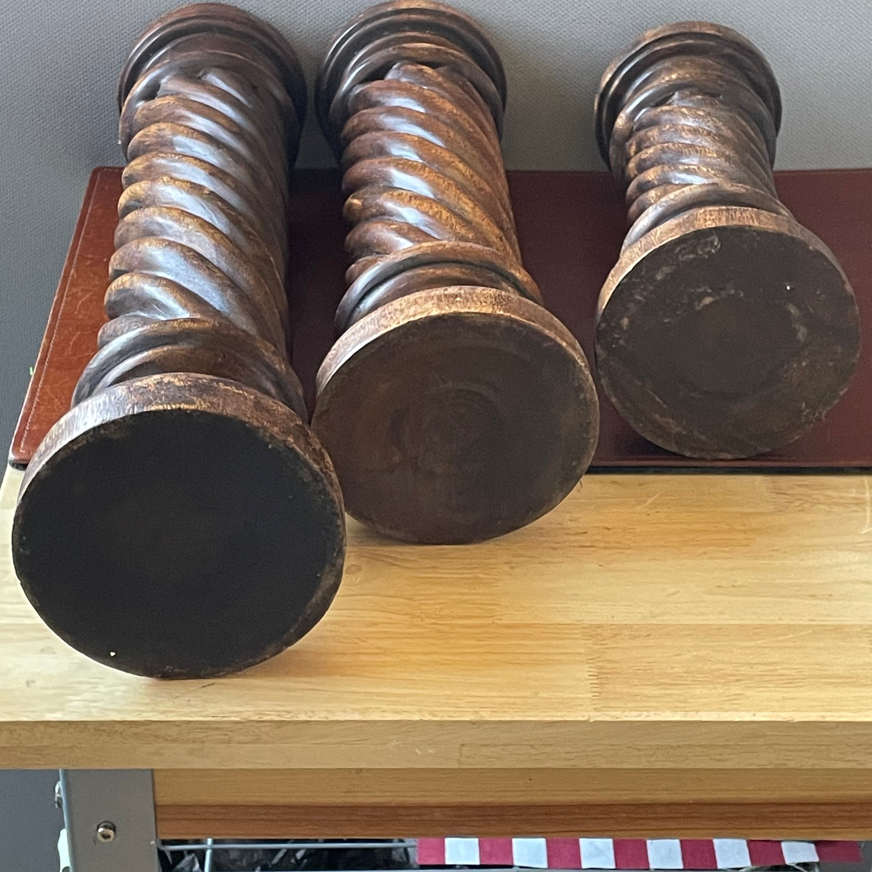 Set of 3 Vintage Wood Carved Barley Twist Candle Holders, 22",18,"x 14"