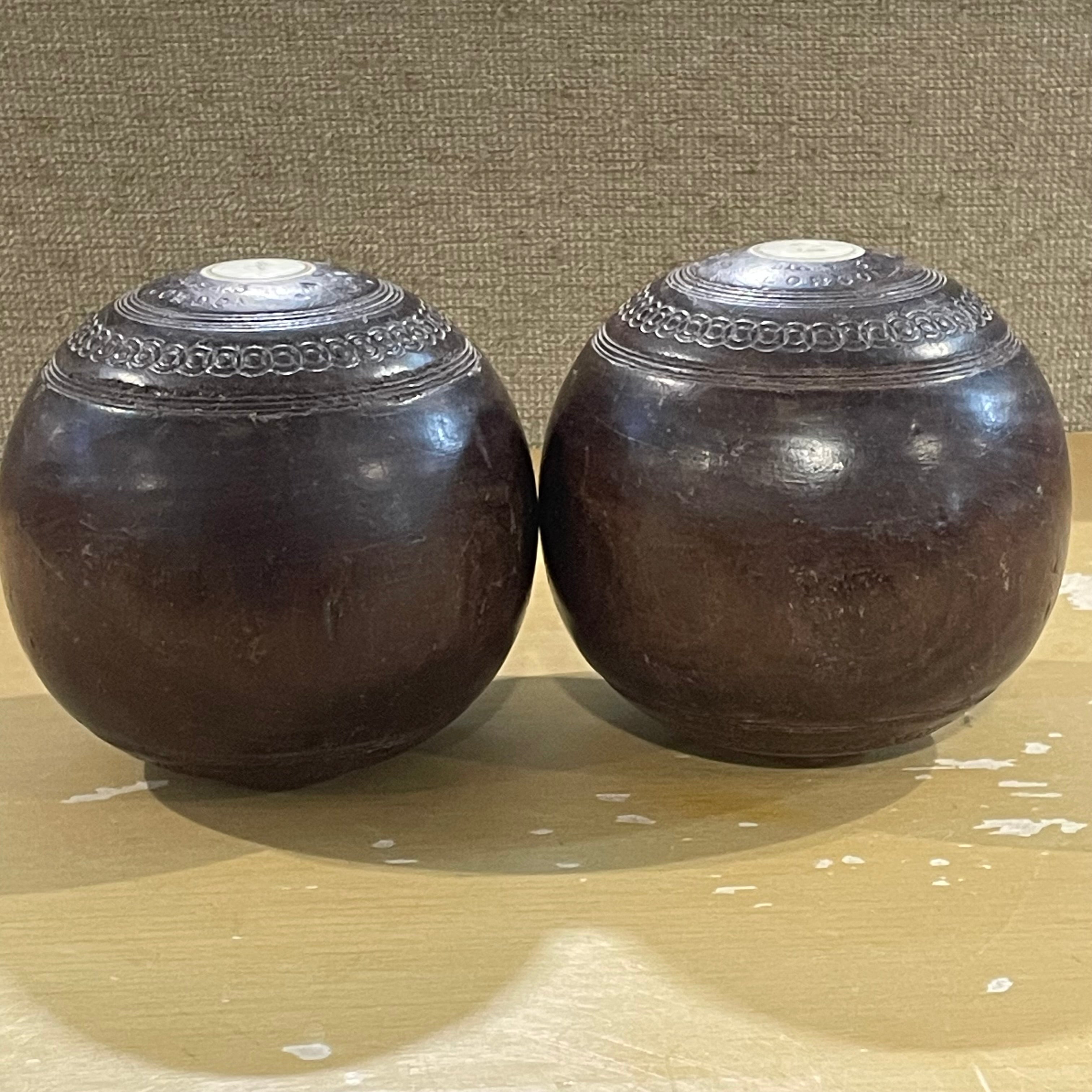 Set of 2 Antique Lignum Vitae Bocce/Lawn Bowling Balls, 4.75" Each